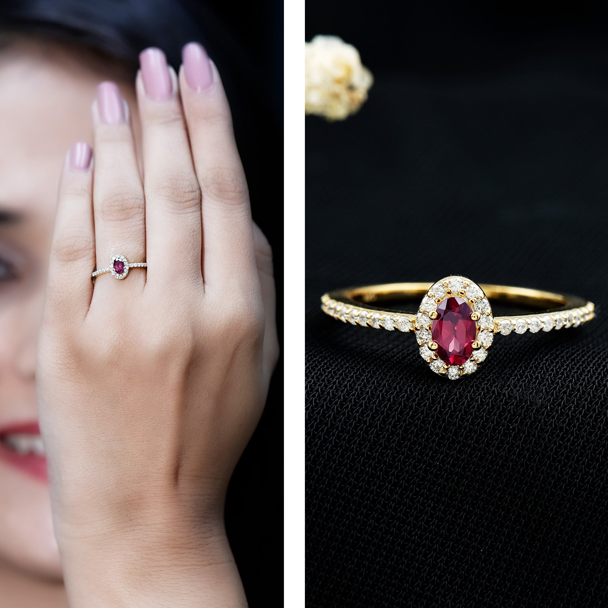 Oval Rhodolite Garnet and Diamond Promise Ring for Her AAA 14K Yellow Gold Plated Silver - Rosec Jewels
