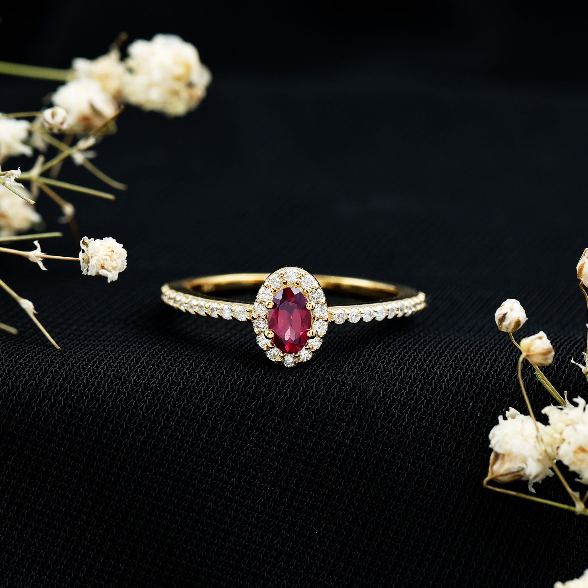 Oval Rhodolite Garnet and Diamond Promise Ring for Her AAA 14K Yellow Gold Plated Silver - Rosec Jewels
