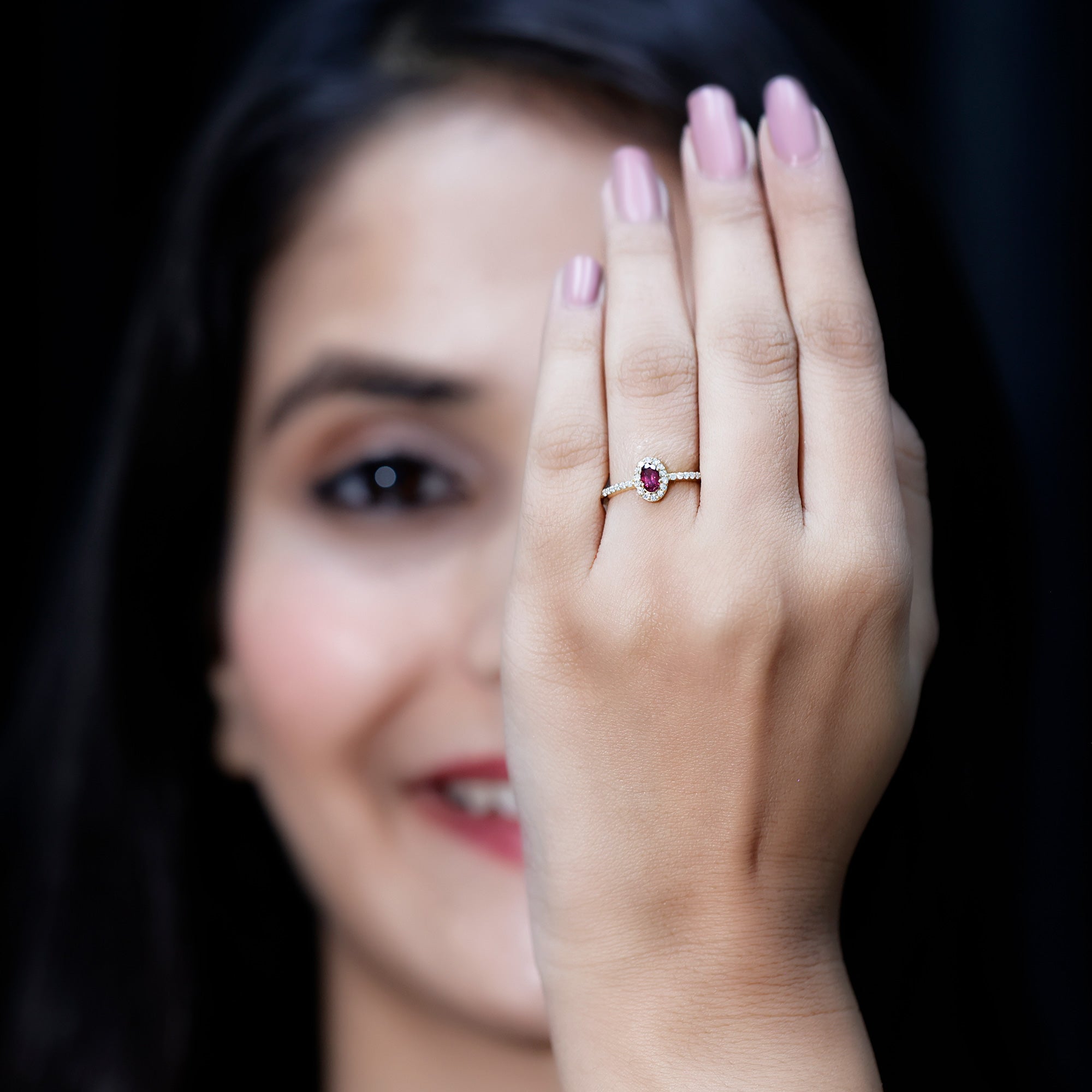 Oval Rhodolite Garnet and Diamond Promise Ring for Her AAA 14K Yellow Gold Plated Silver - Rosec Jewels