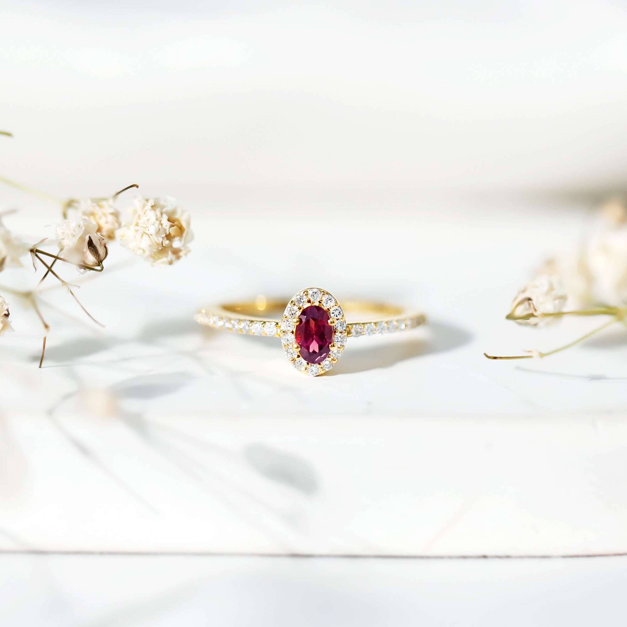 Oval Rhodolite Garnet and Diamond Promise Ring for Her AAA 14K Yellow Gold Plated Silver - Rosec Jewels