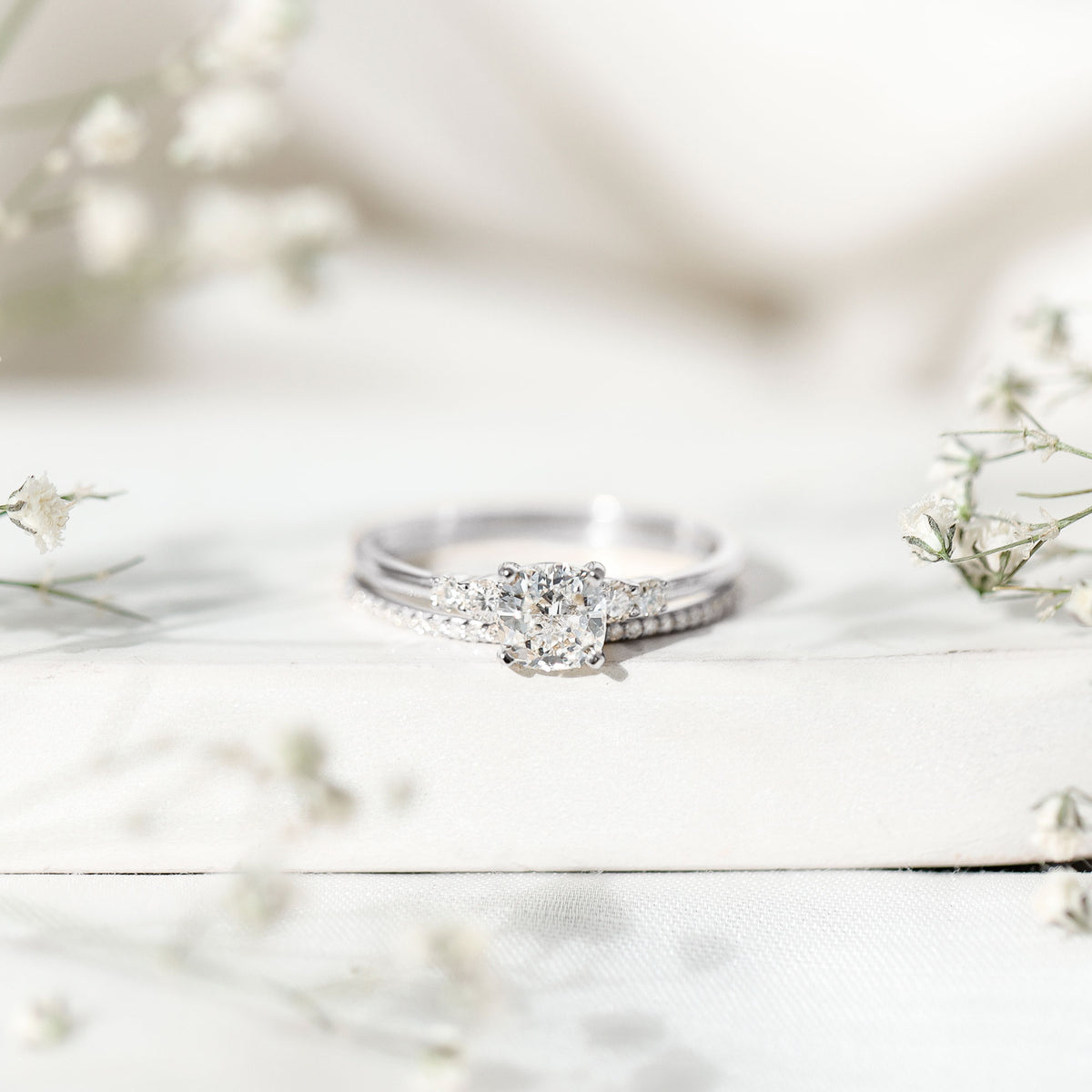 IGI Certified 1 Carat Lab Grown Diamond Cushion Engagement Ring with Wedding Band Lab - ( E-VS1 ) - Rosec Jewels