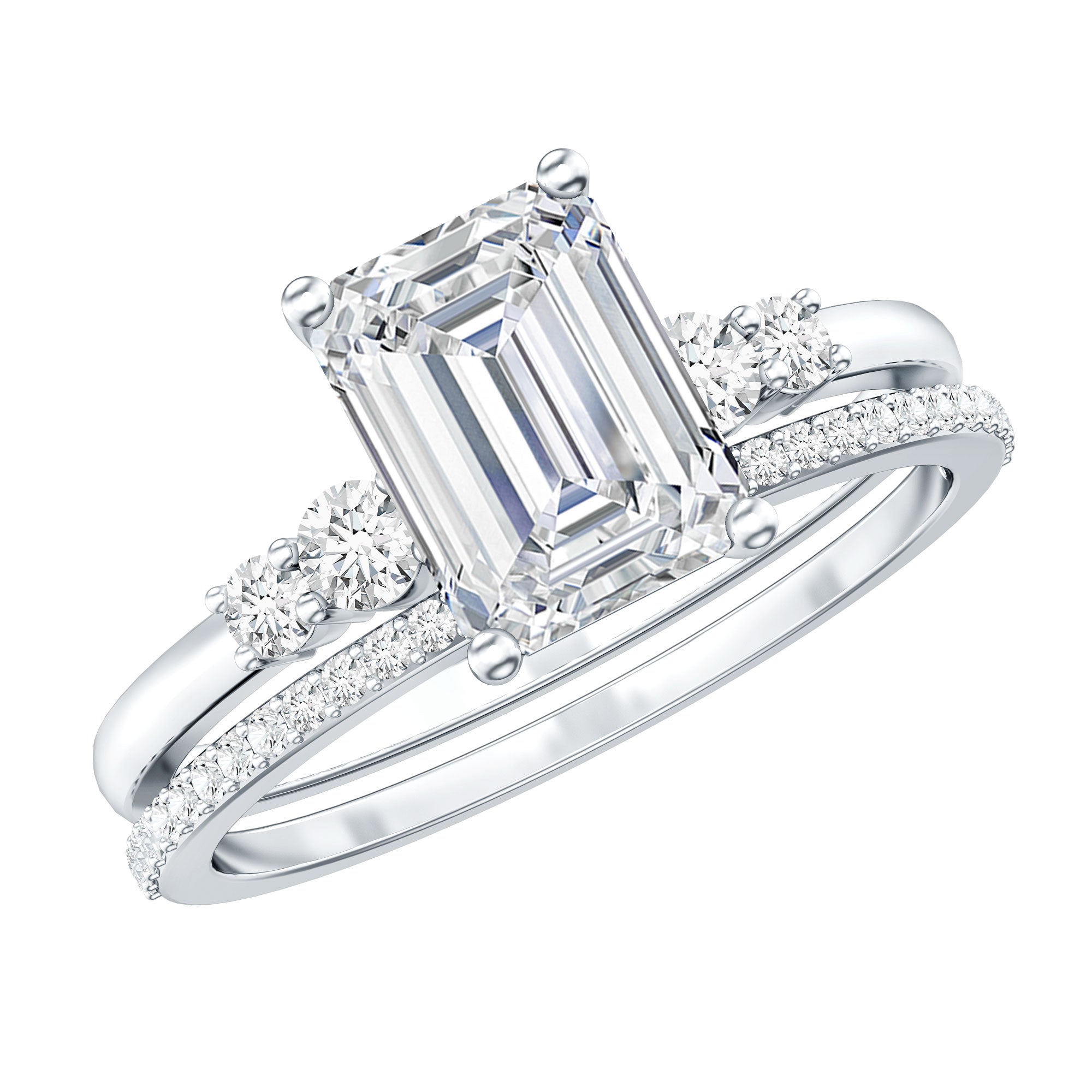 Certified Lab Grown Diamond 6X8MM Emerald Cut Engagement Ring with Band Lab - ( EF-VS ) - Rosec Jewels