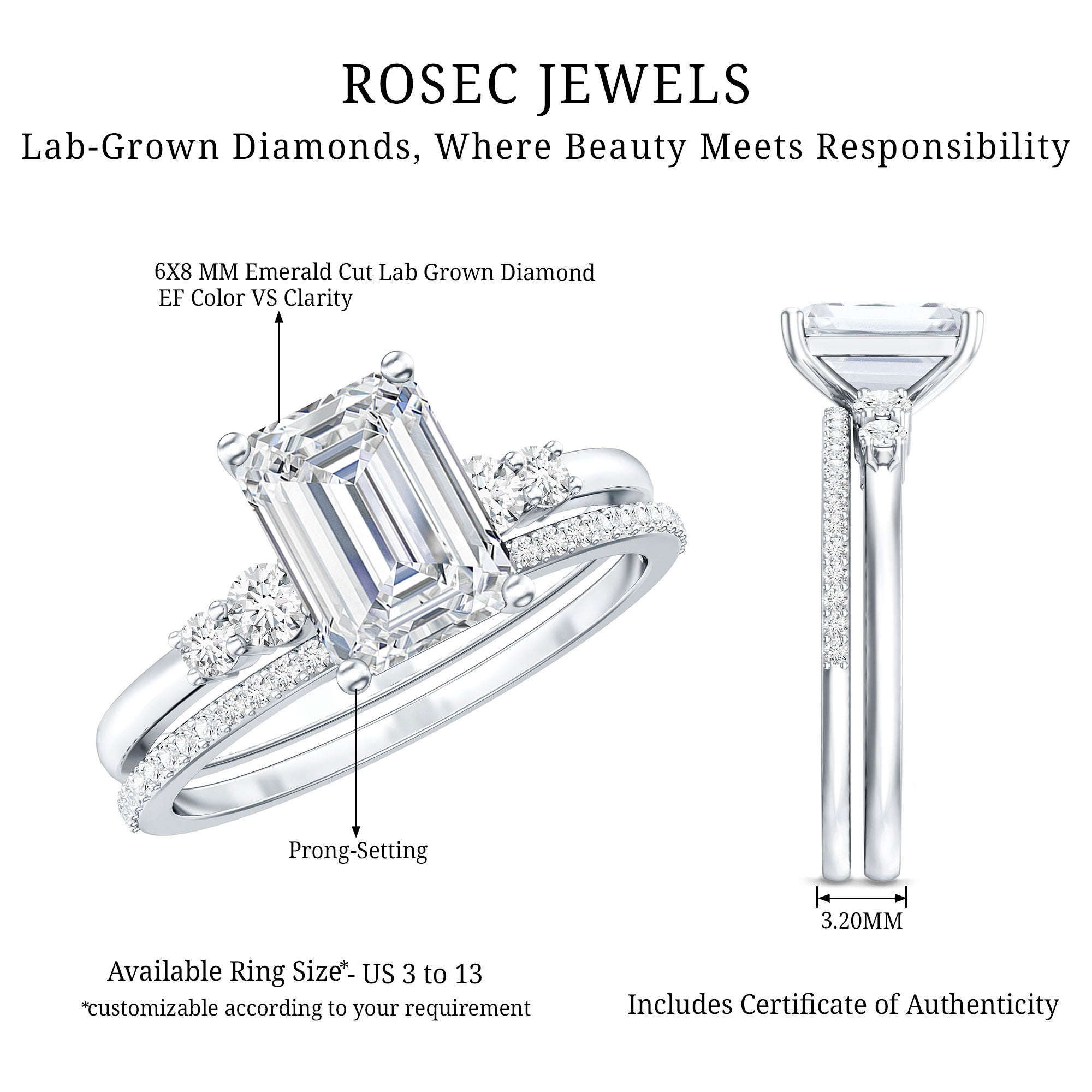Certified Lab Grown Diamond 1.8 Carat Emerald Cut Engagement Ring with Band Lab - ( EF-VS ) - Rosec Jewels