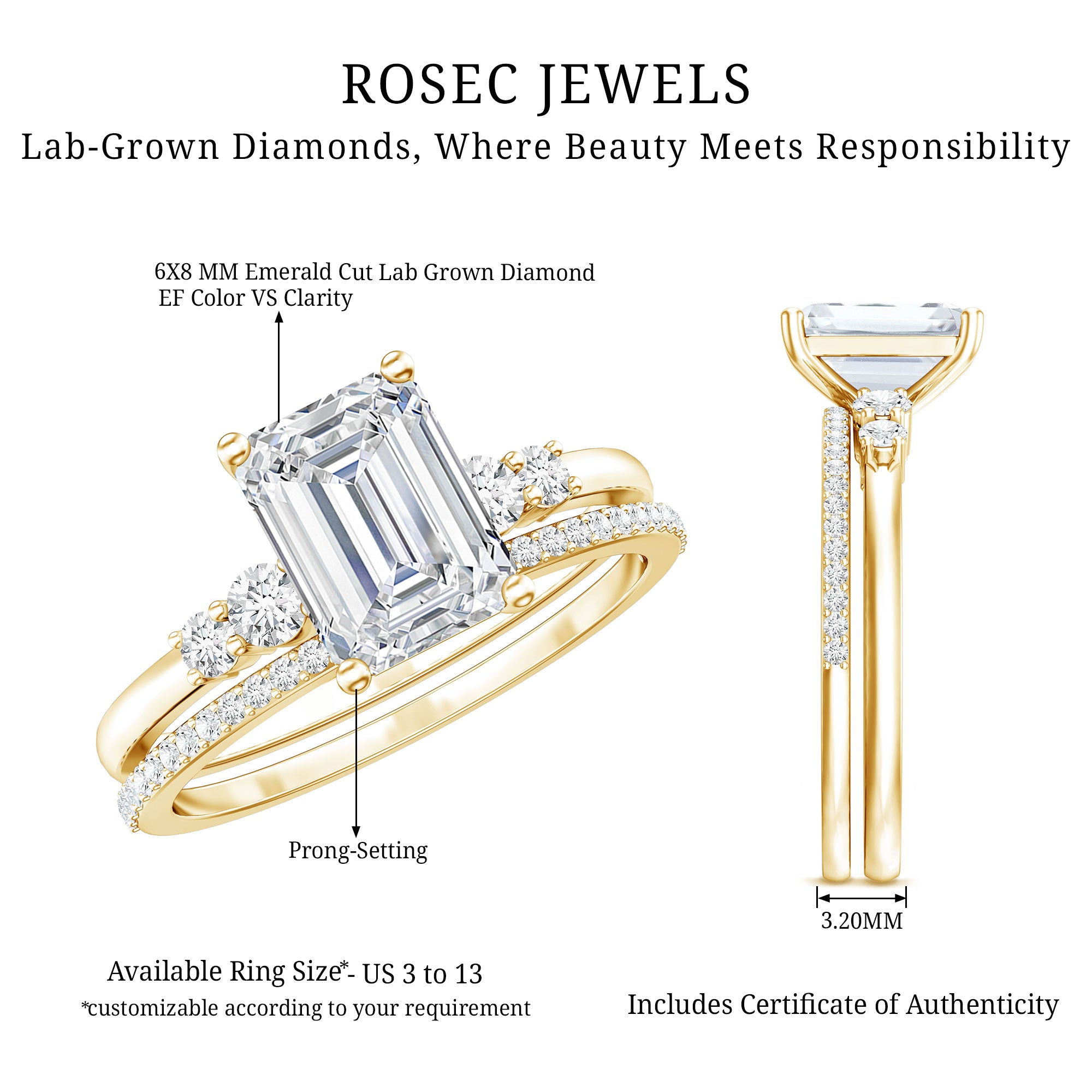 Certified Lab Grown Diamond 1.8 Carat Emerald Cut Engagement Ring with Band Lab - ( EF-VS ) - Rosec Jewels