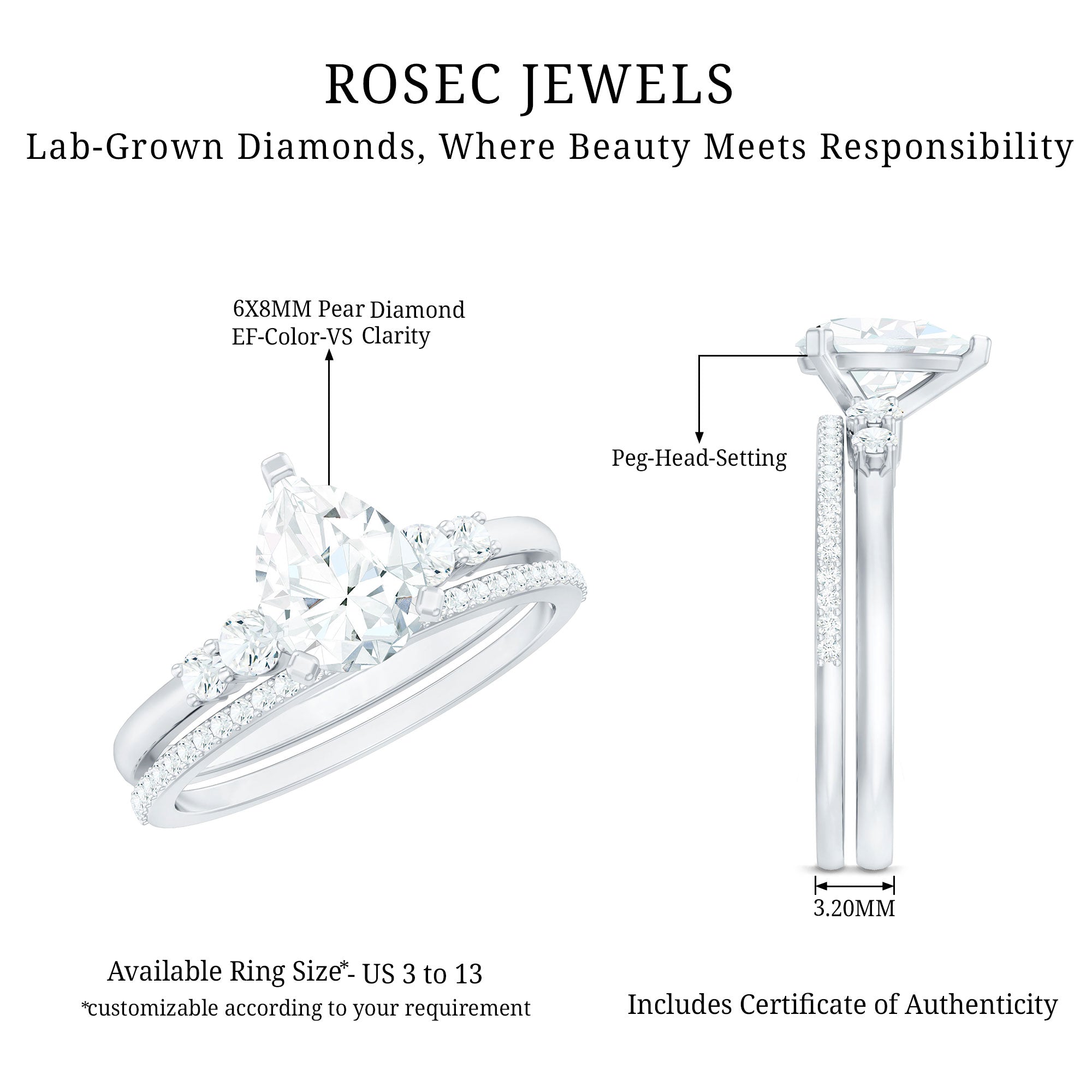 Rosec Jewels-Certified Lab Grown Diamond 6X8 MM Teardrop Bridal Ring Set