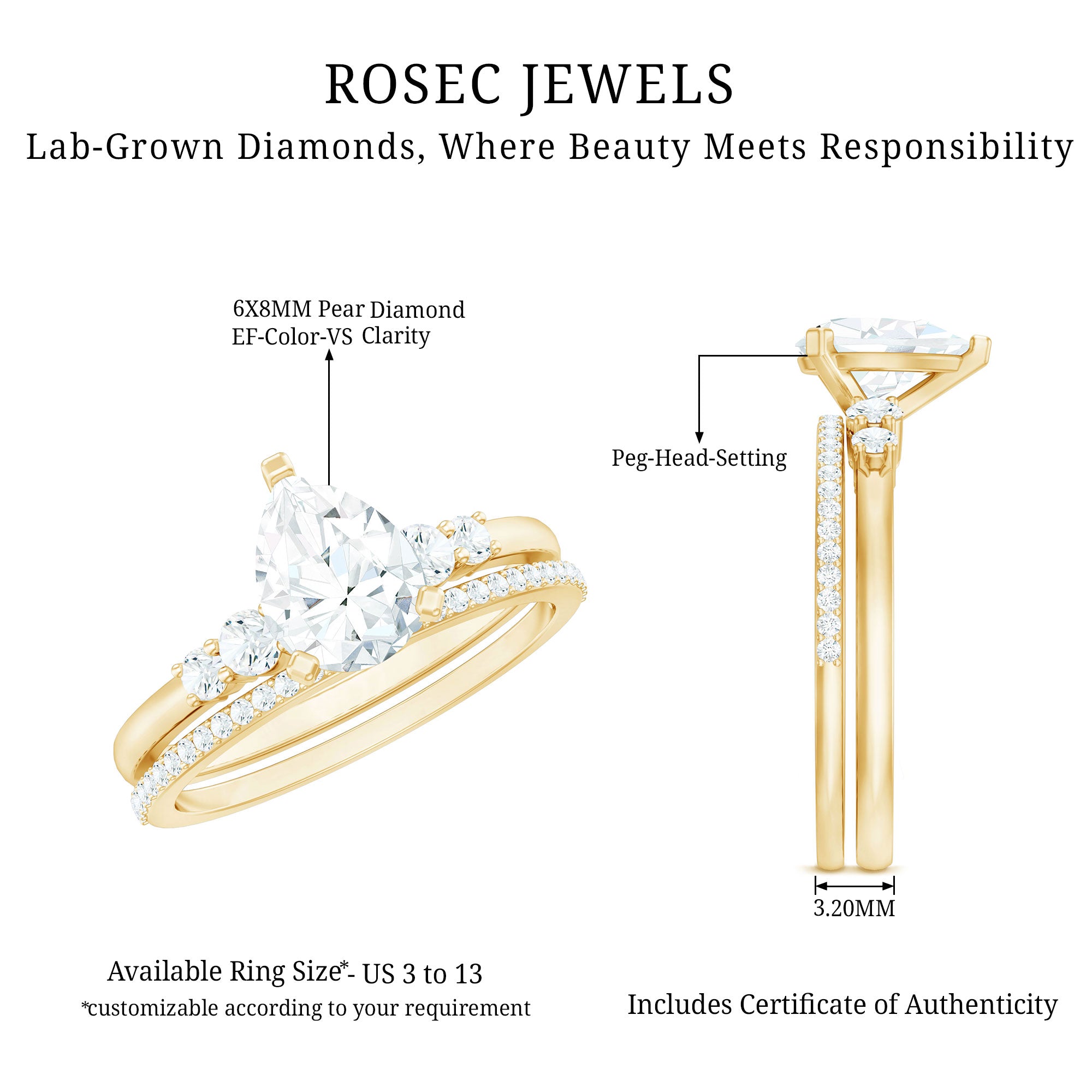 Rosec Jewels-Certified Lab Grown Diamond 6X8 MM Teardrop Bridal Ring Set
