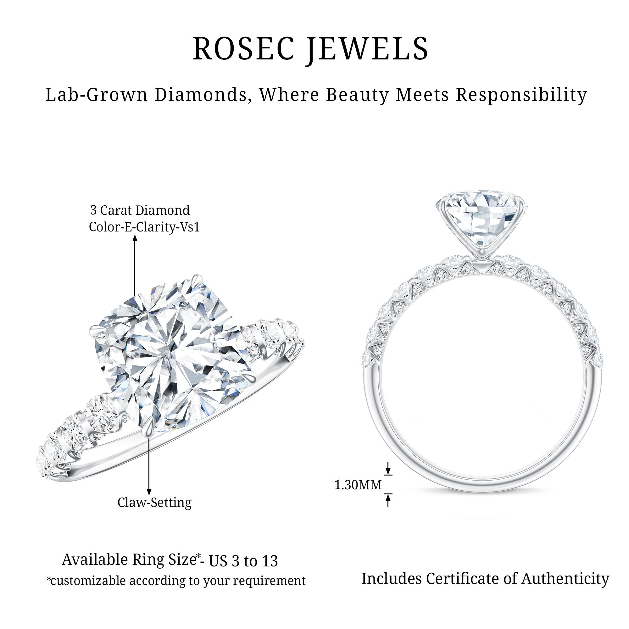 3 Carat IGI Certified Lab Grown Diamond Cushion Cut Engagement Ring with Side Stones Lab - ( E-VS1 ) - Rosec Jewels