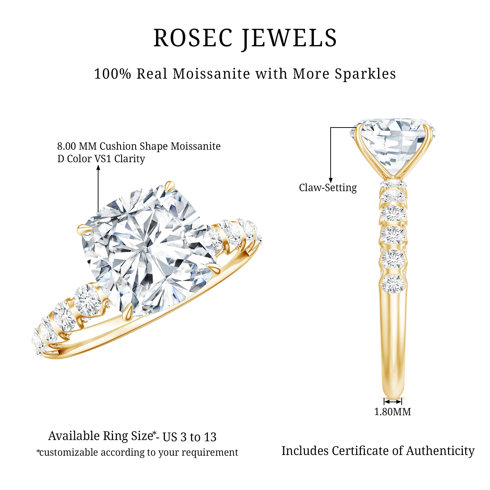 Rosec Jewels-3 Carat IGI Certified Lab Grown Diamond Cushion Cut Engagement Ring with Side Stones