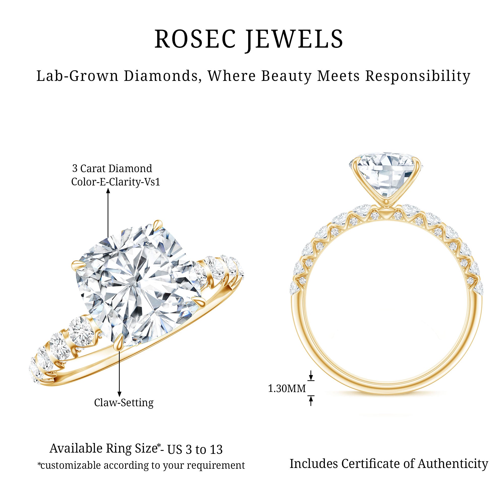 3 Carat IGI Certified Lab Grown Diamond Cushion Cut Engagement Ring with Side Stones Lab - ( E-VS1 ) - Rosec Jewels