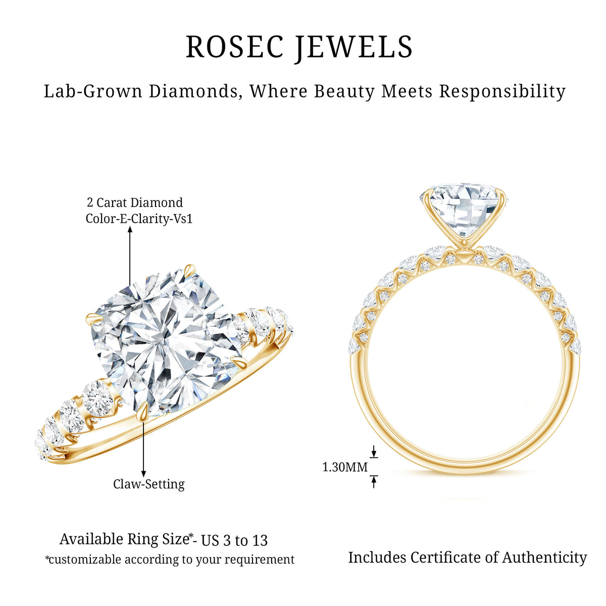 IGI Certified 2 Carat Cushion Cut Lab Grown Diamond Engagement Ring with Side Stones Lab - ( E-VS1 ) - Rosec Jewels