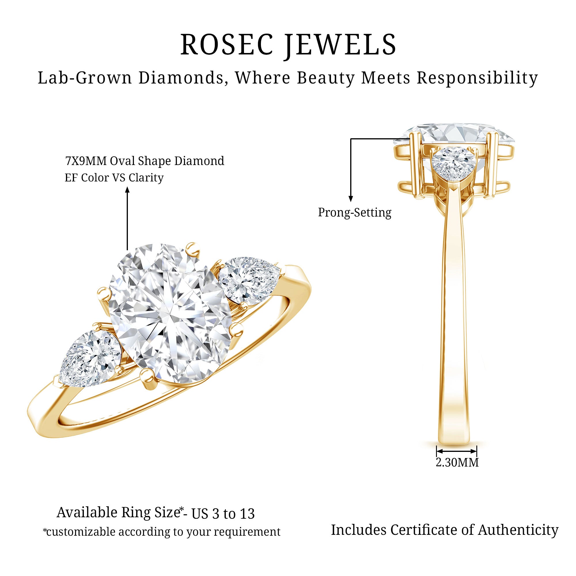 2 Carat Oval Lab Grown Diamond Three Stone Engagement Ring with IGI Certificate Lab - ( E-VS1 ) - Rosec Jewels