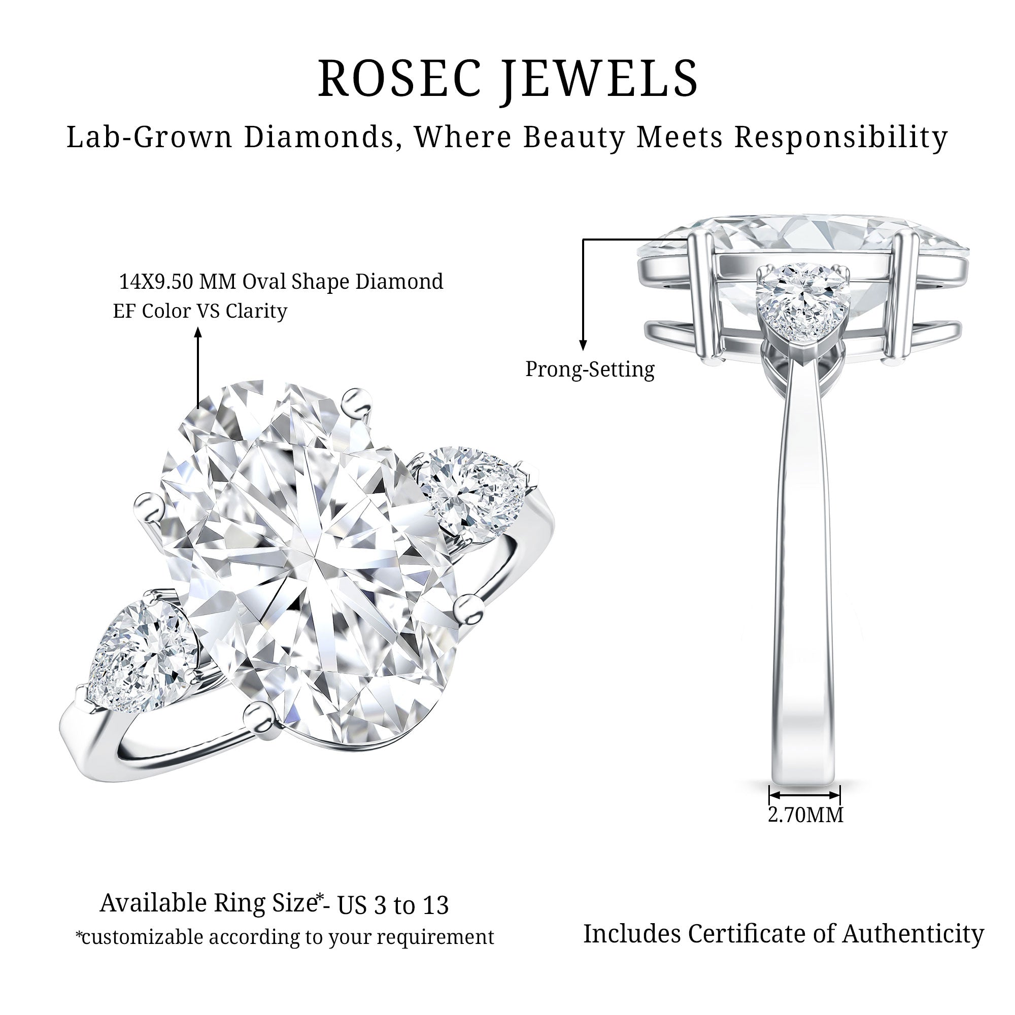 Rosec Jewels-4 Carat Oval Lab Grown Diamond Three Stone Engagement Ring IGI Certified