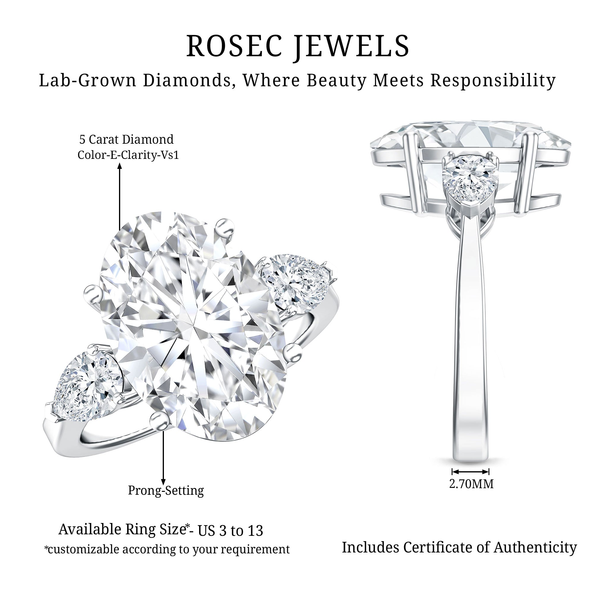 IGI Certified 5 Carat Oval Lab Grown Diamond Big Engagement Ring with Pear Side Stones Lab - ( E-VS1 ) - Rosec Jewels
