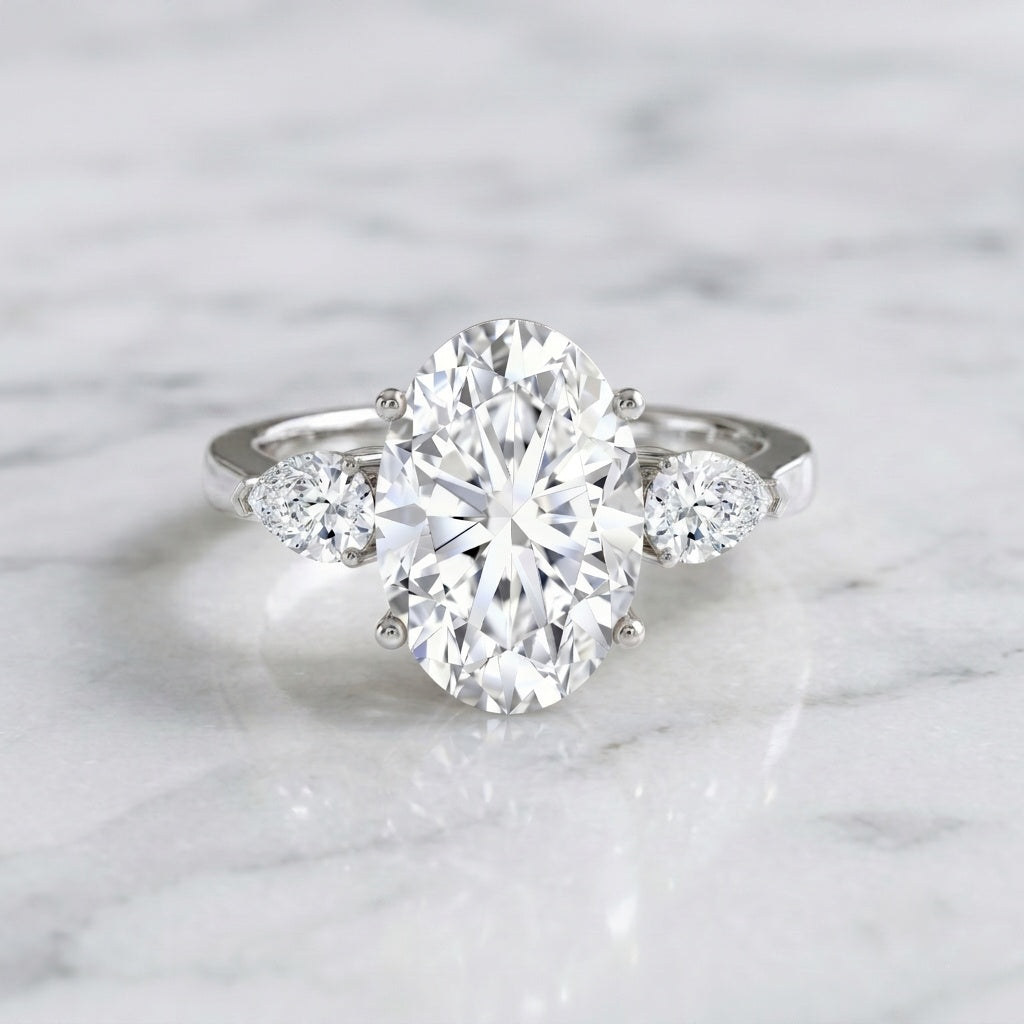 IGI Certified 5 Carat Oval Lab Grown Diamond Big Engagement Ring with Pear Side Stones Lab - ( E-VS1 ) - Rosec Jewels