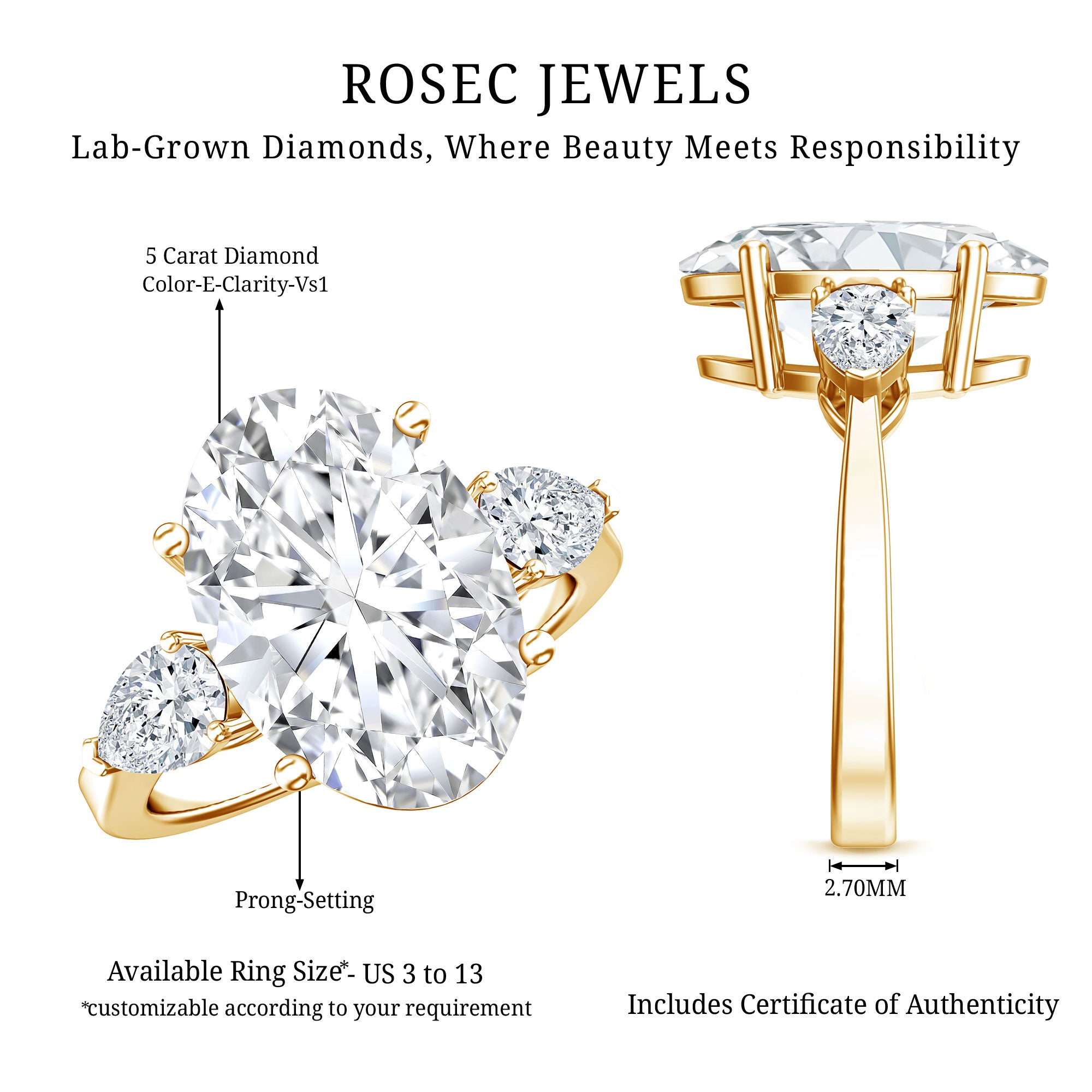 IGI Certified 5 Carat Oval Lab Grown Diamond Big Engagement Ring with Pear Side Stones Lab - ( E-VS1 ) - Rosec Jewels