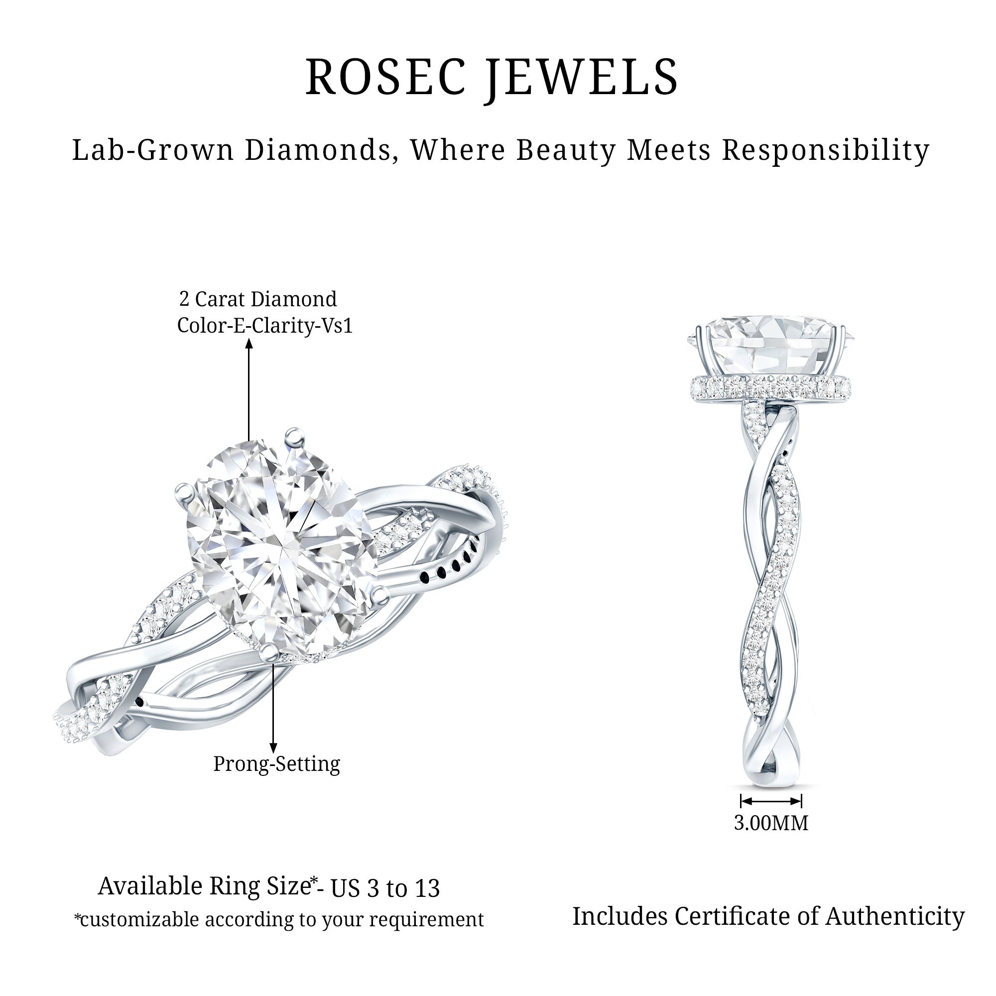 IGI Certified 2 Carat Lab Grown Diamond Oval Hidden Halo Engagement Ring with Braided Band Lab - ( E-VS1 ) - Rosec Jewels