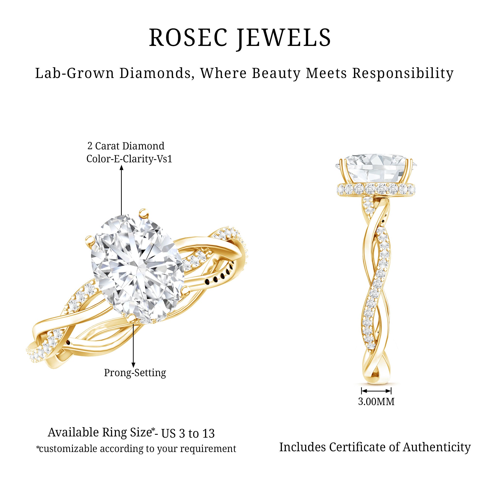 IGI Certified 2 Carat Lab Grown Diamond Oval Hidden Halo Engagement Ring with Braided Band Lab - ( E-VS1 ) - Rosec Jewels
