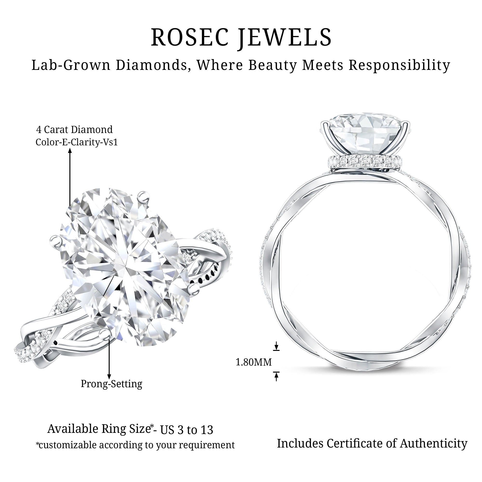 IGI Certified 4 Carat Oval Lab Grown Diamond Huge Engagement Ring with Braided Band Lab - ( E-VS1 ) - Rosec Jewels