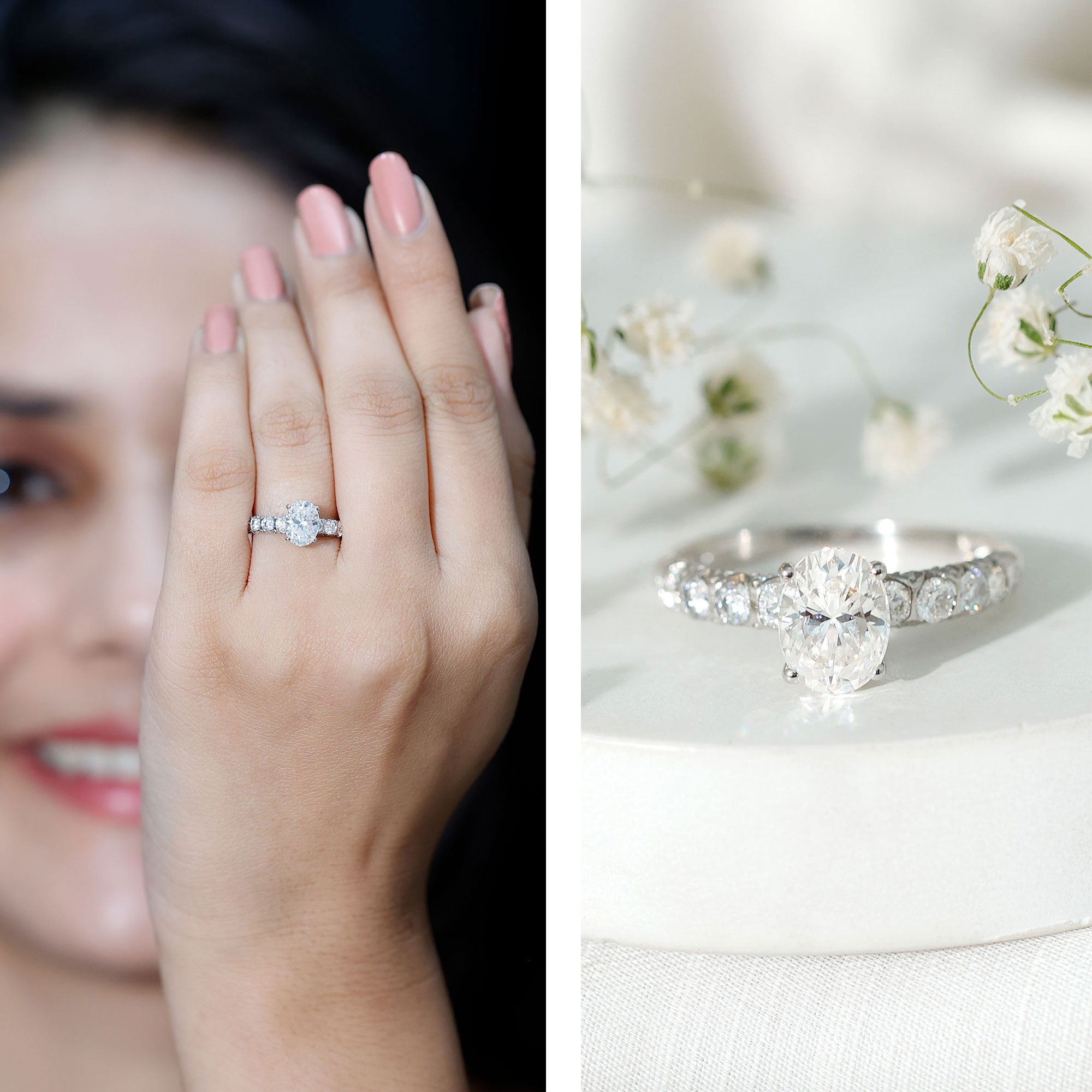 Rosec Jewels-1 Carat Oval Cut Lab Grown Diamond Side Stone Engagement Ring IGI Certified