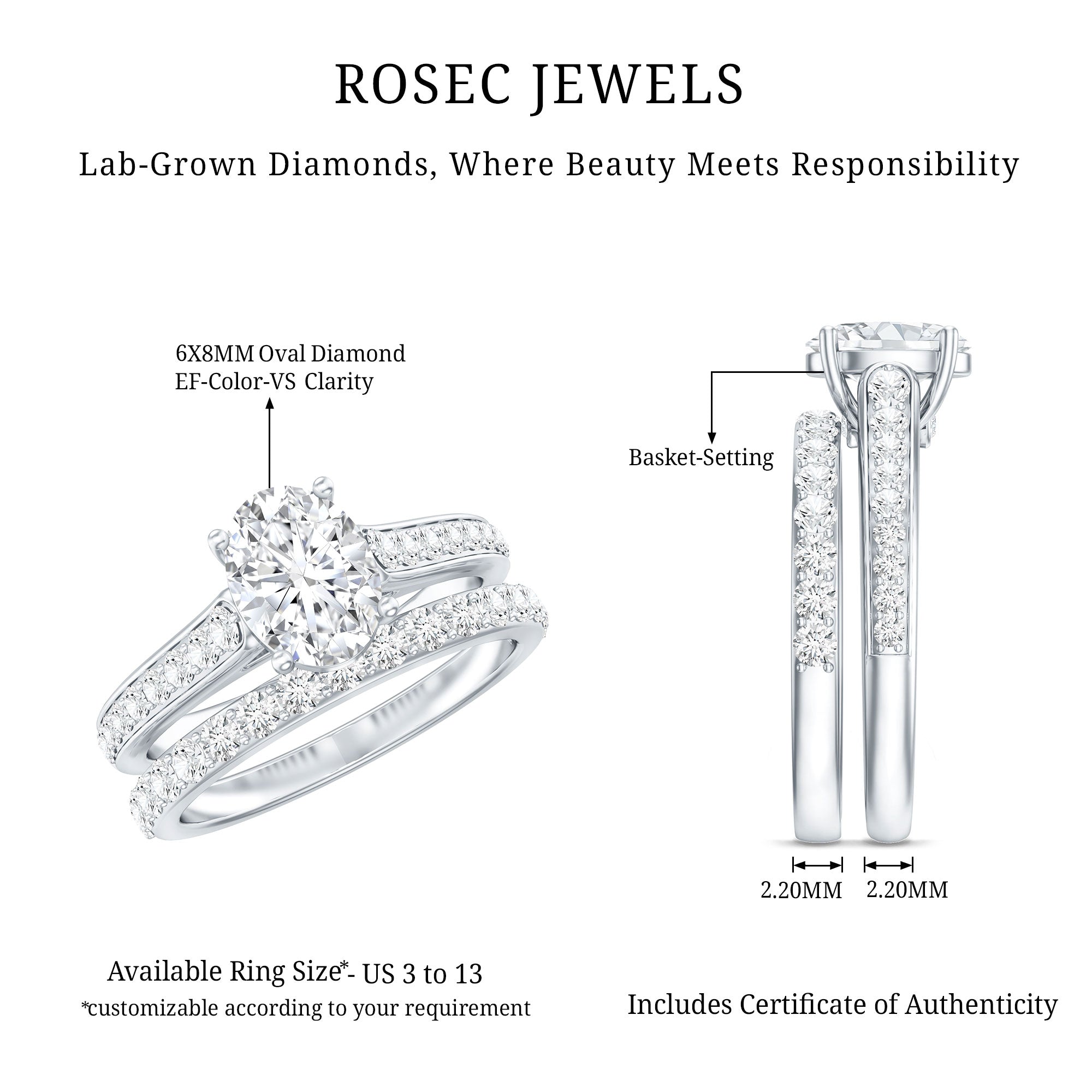 Rosec Jewels-Oval Shaped 1 Carat Lab Grown Diamond Bridal Ring Set with IGI Certificate