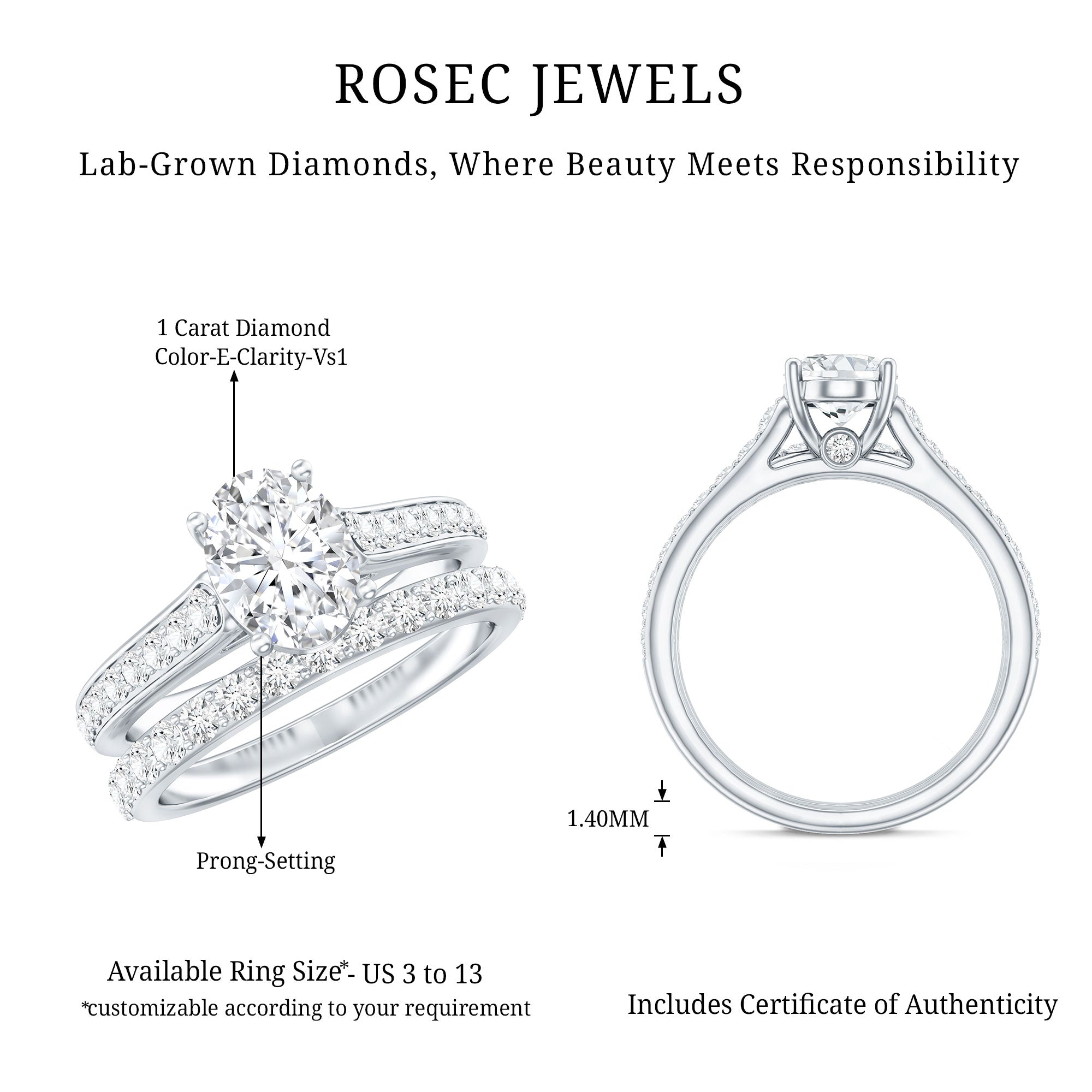 Oval Shaped 1 Carat Lab Grown Diamond Bridal Ring Set with IGI Certificate Lab - ( E-VS1 ) - Rosec Jewels