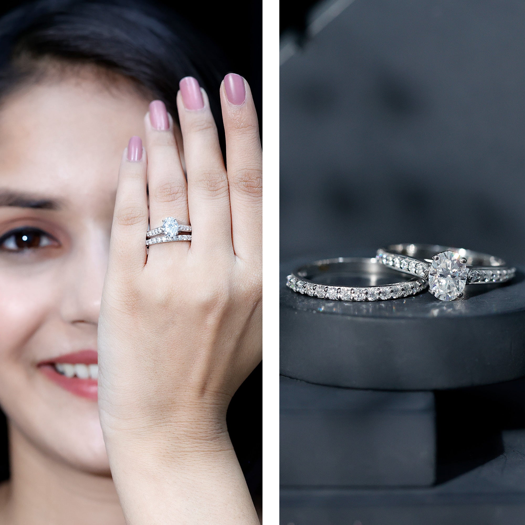 Rosec Jewels-Oval Shaped 1 Carat Lab Grown Diamond Bridal Ring Set with IGI Certificate