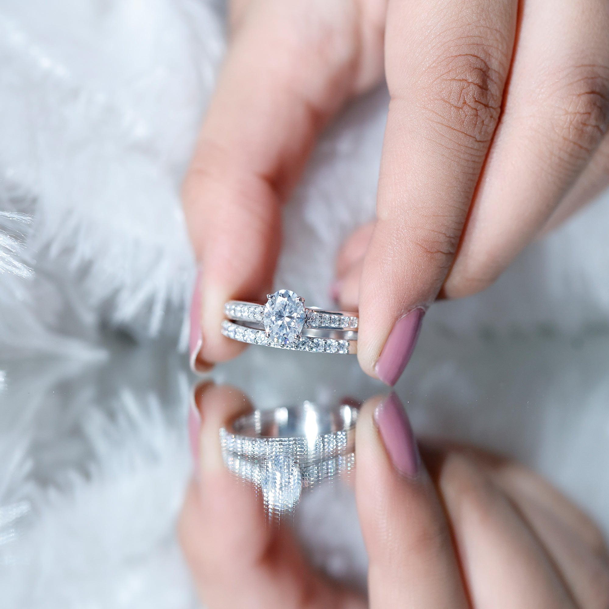 Rosec Jewels-Oval Shaped 1 Carat Lab Grown Diamond Bridal Ring Set with IGI Certificate