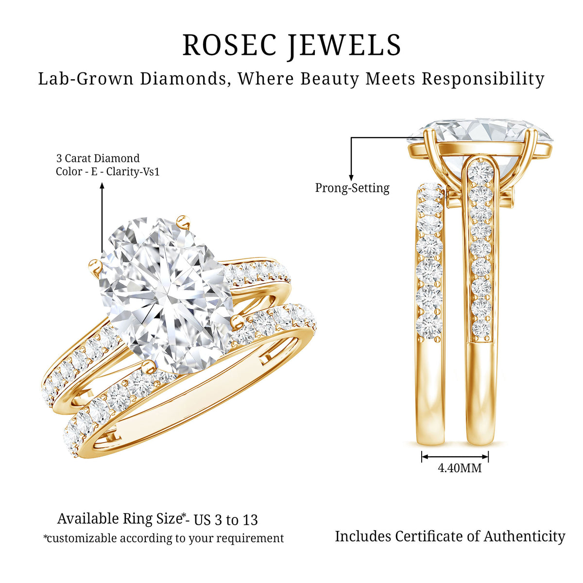 Rosec Jewels-3 Carat IGI Certified Lab Grown Diamond Oval Wedding Ring Set for Her