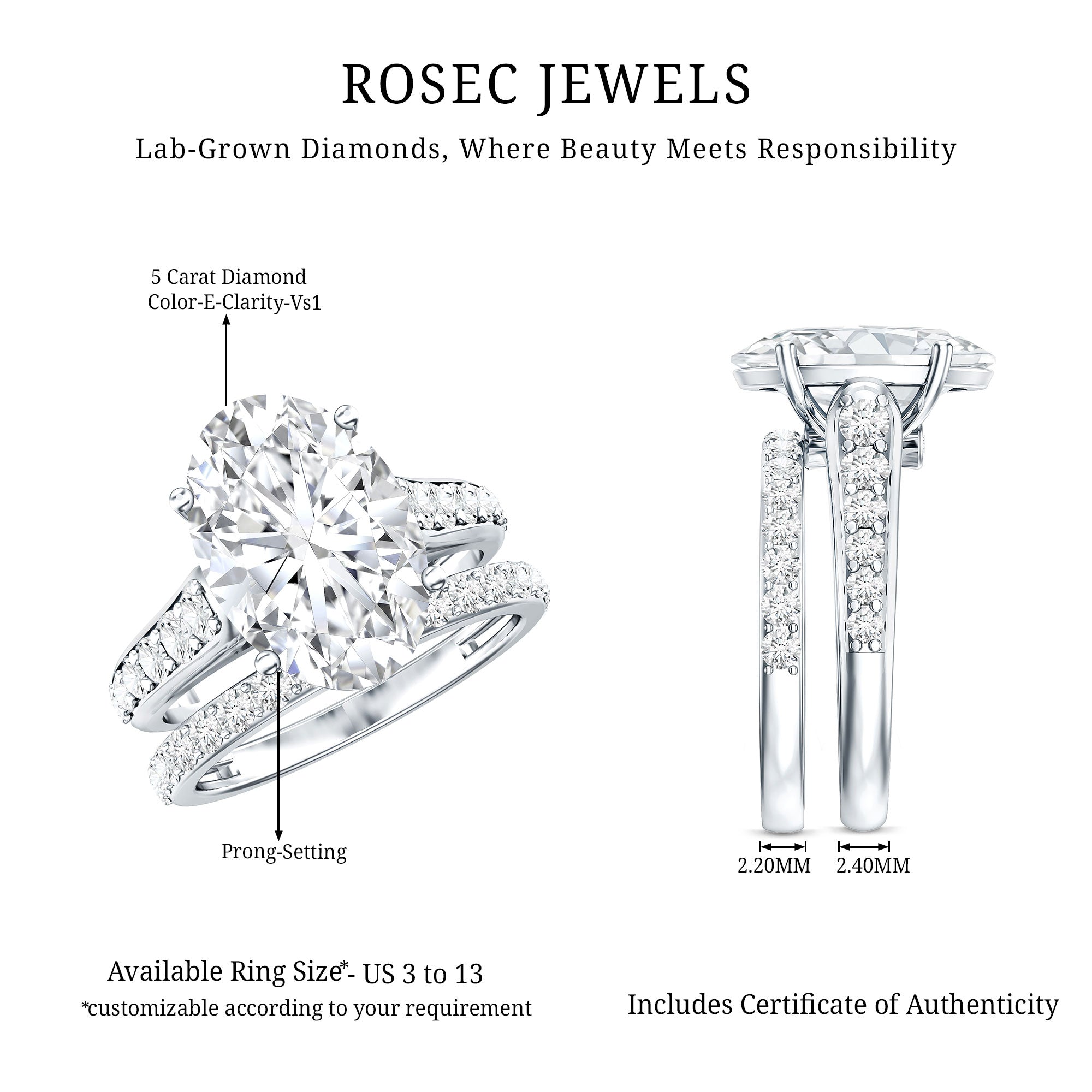 IGI Certified Lab Grown Diamond 5 Carat Oval Engagement Ring with Wedding Band Lab - ( E-VS1 ) - Rosec Jewels
