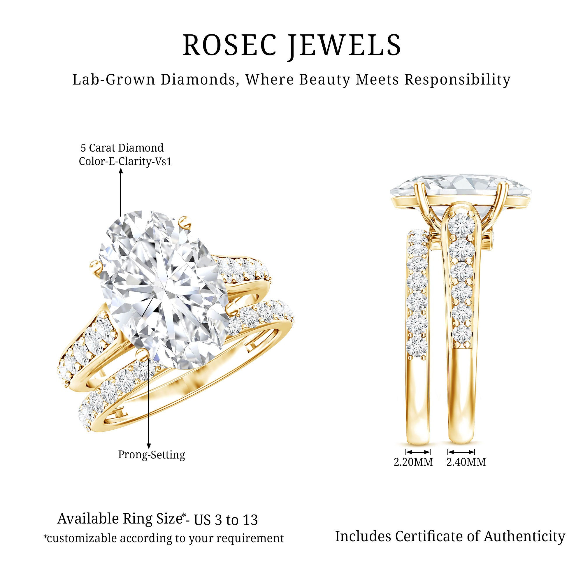 IGI Certified Lab Grown Diamond 5 Carat Oval Engagement Ring with Wedding Band Lab - ( E-VS1 ) - Rosec Jewels