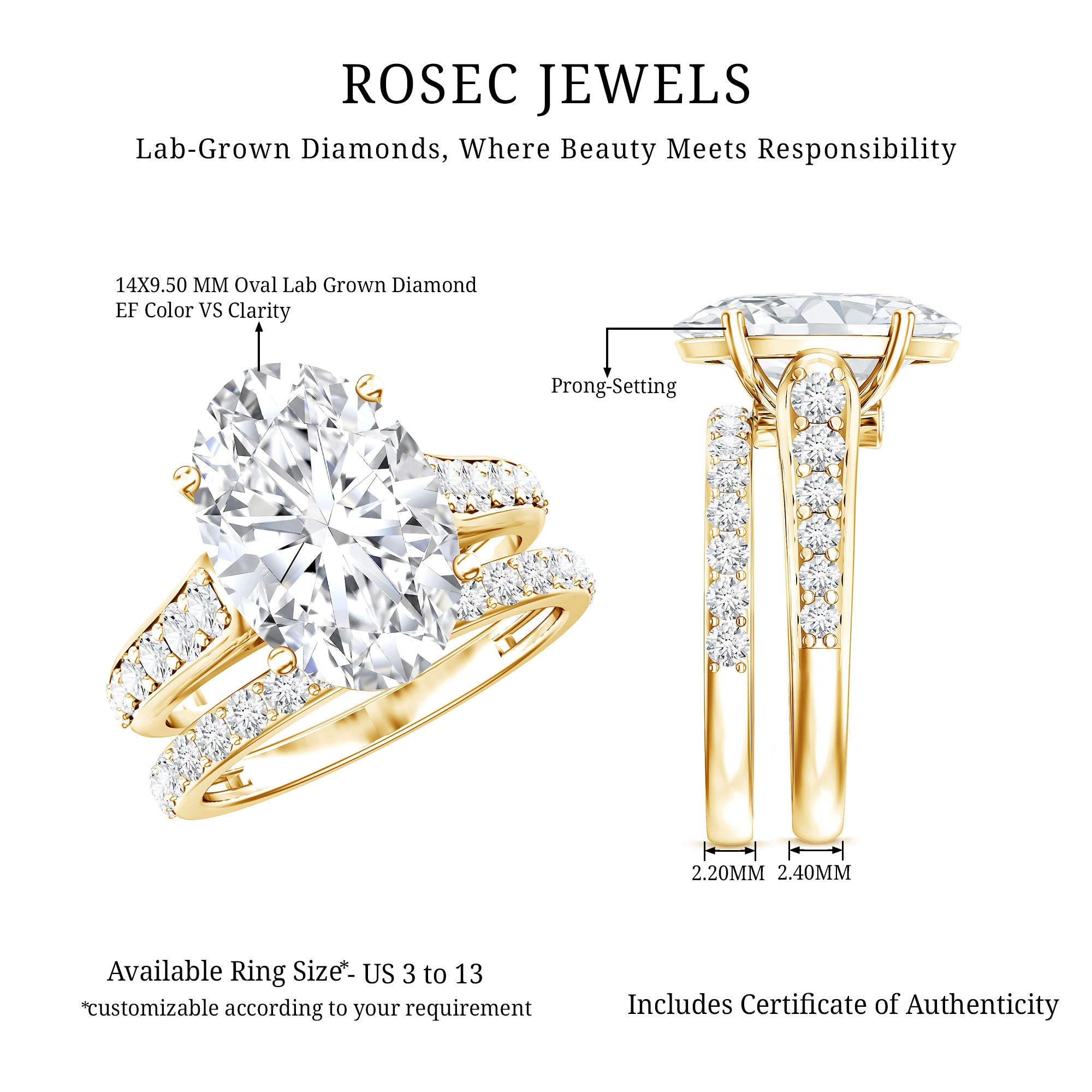Rosec Jewels-IGI Certified Lab Grown Diamond 5 Carat Oval Engagement Ring with Wedding Band