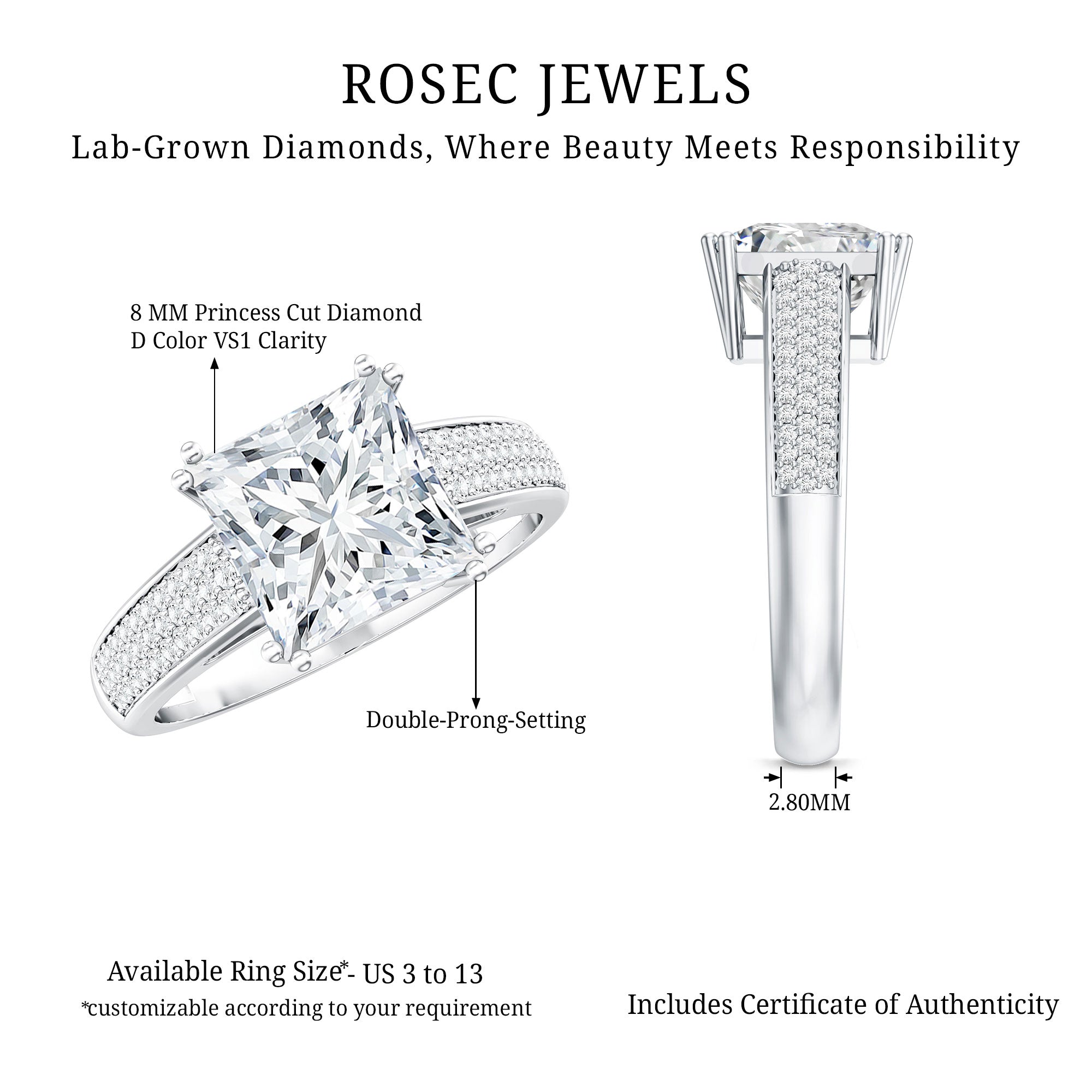 Rosec Jewels-5 Carat Princess Cut Lab Diamond Thick Band Engagement Ring with IGI Certificate