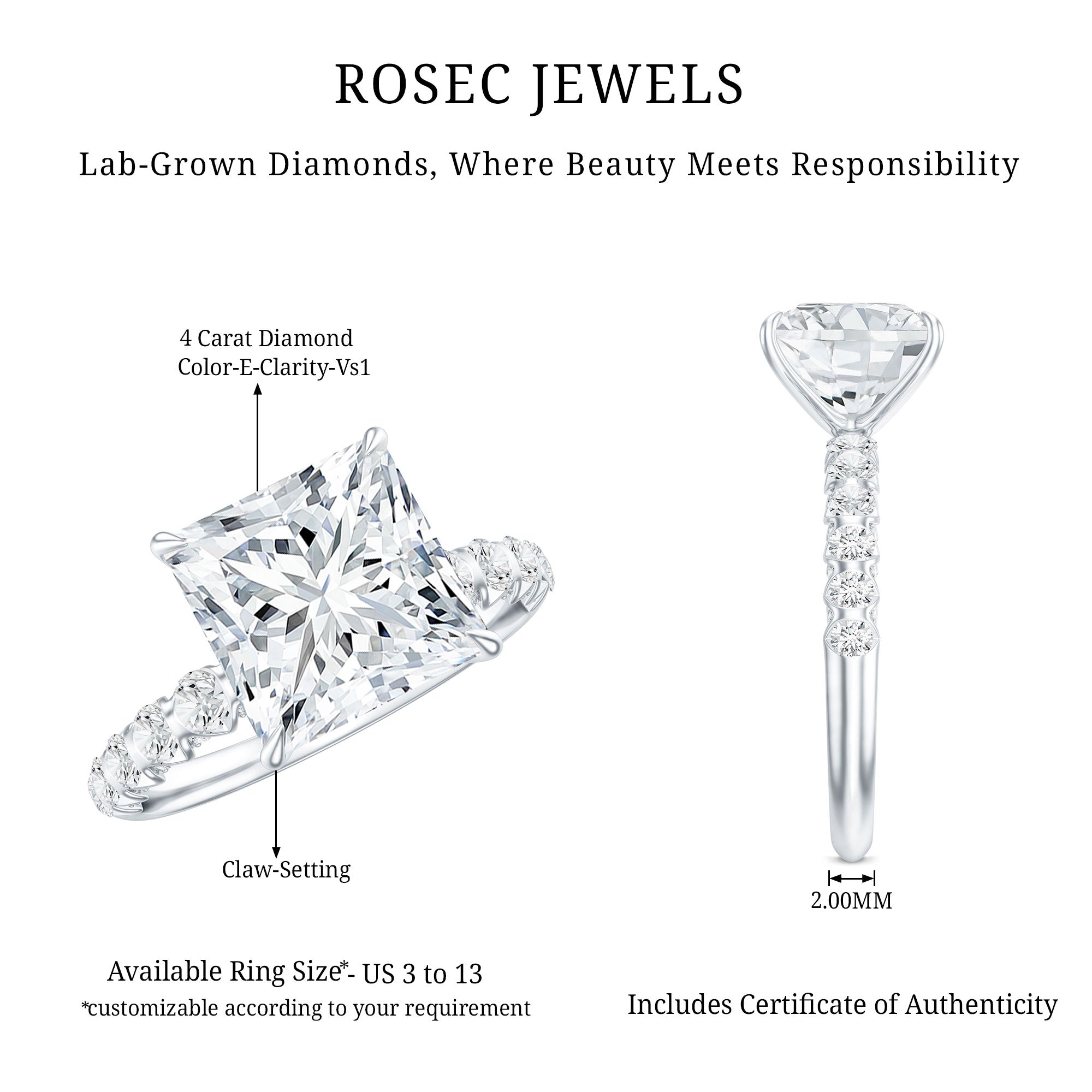 Princess Cut Lab Grown Diamond 4 Carat Engagement Ring IGI Certified Lab - ( E-VS1 ) - Rosec Jewels