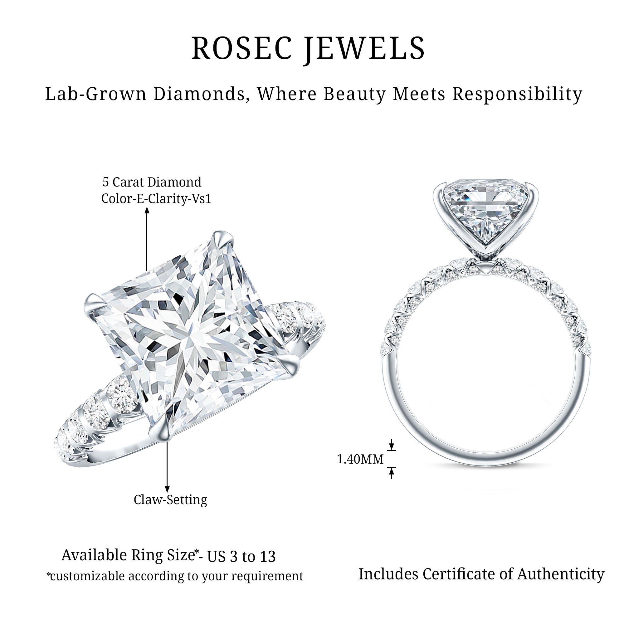 Princess Cut 5 Carat Lab Grown Big Diamond Engagement Ring IGI Certified Lab - ( E-VS1 ) - Rosec Jewels