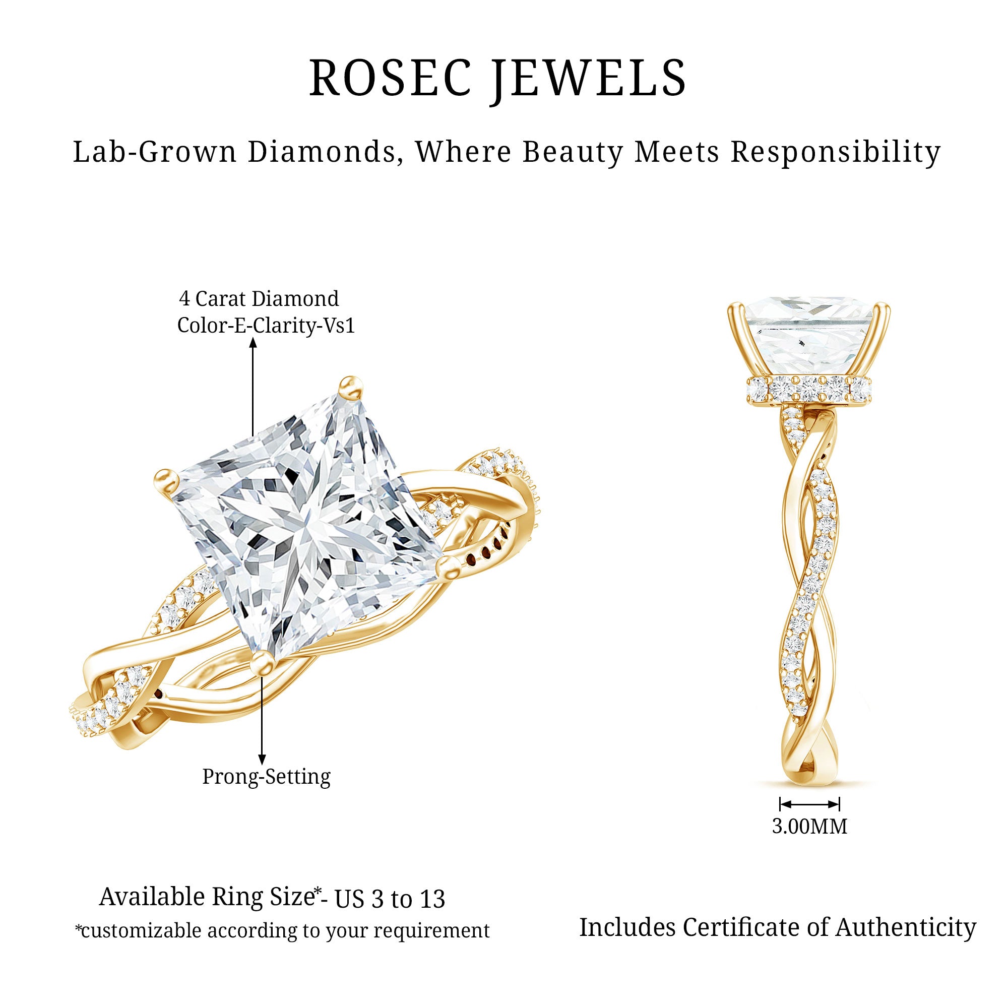 Princess Cut 4 Carat Lab Grown Diamond Braided Engagement Ring IGI Certified Lab - ( E-VS1 ) - Rosec Jewels