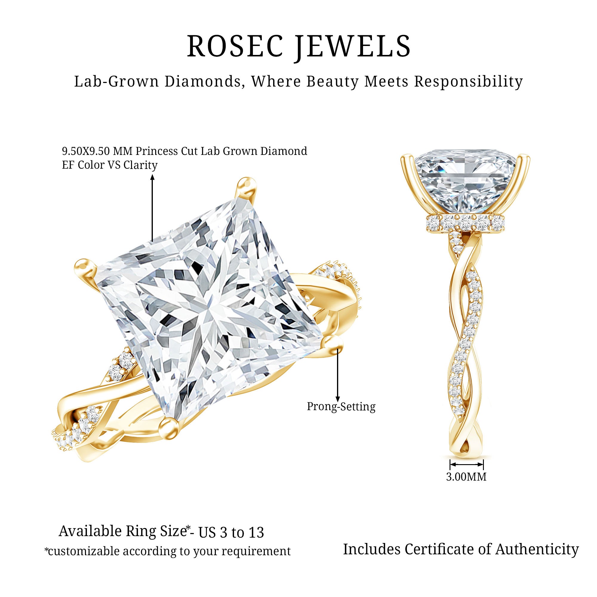 IGI Certified 5 Carat Princess Cut Lab Grown Diamond Huge Engagement Ring with Braided Band Lab - ( E-VS1 ) - Rosec Jewels