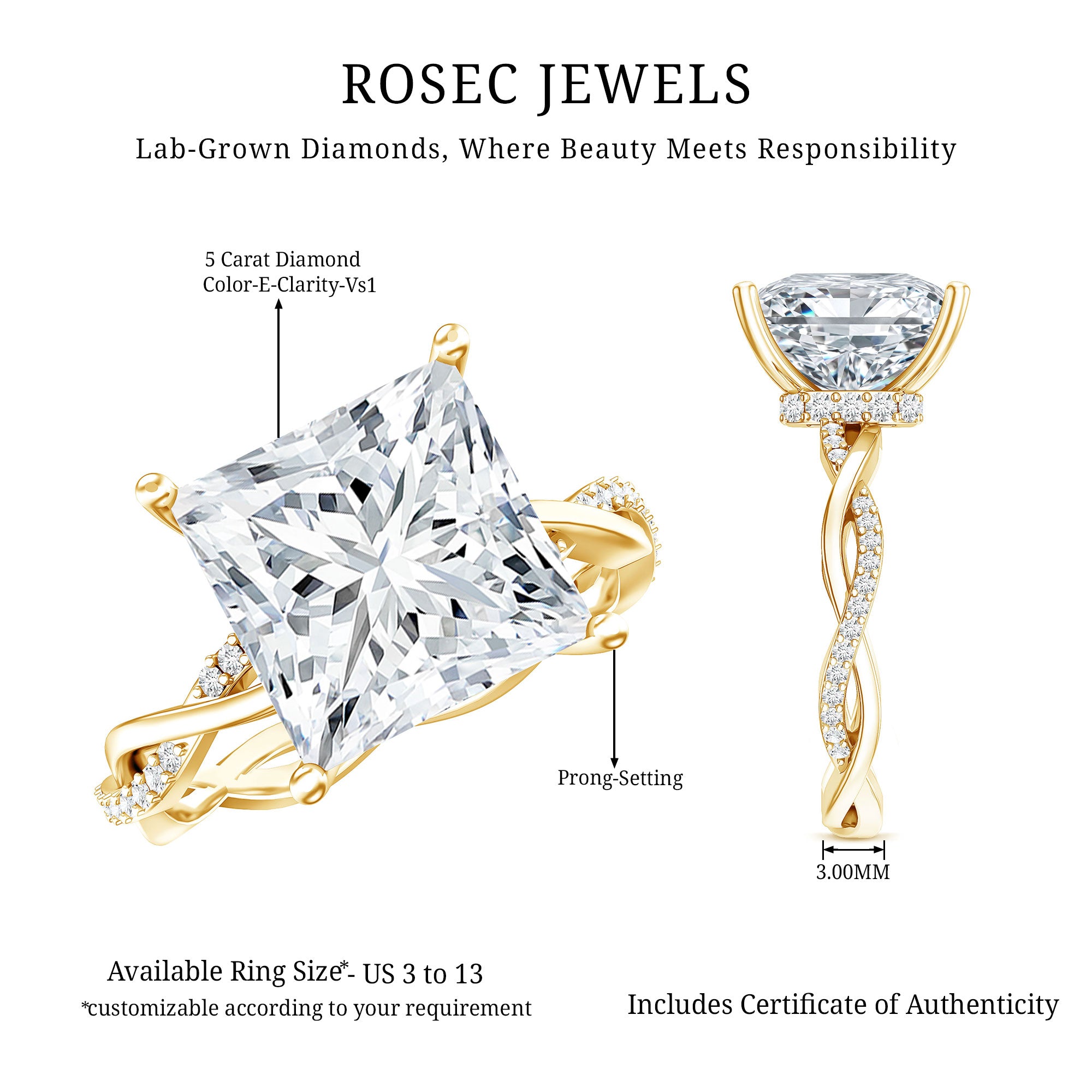 IGI Certified 5 Carat Princess Cut Lab Grown Diamond Huge Engagement Ring with Braided Band Lab - ( E-VS1 ) - Rosec Jewels