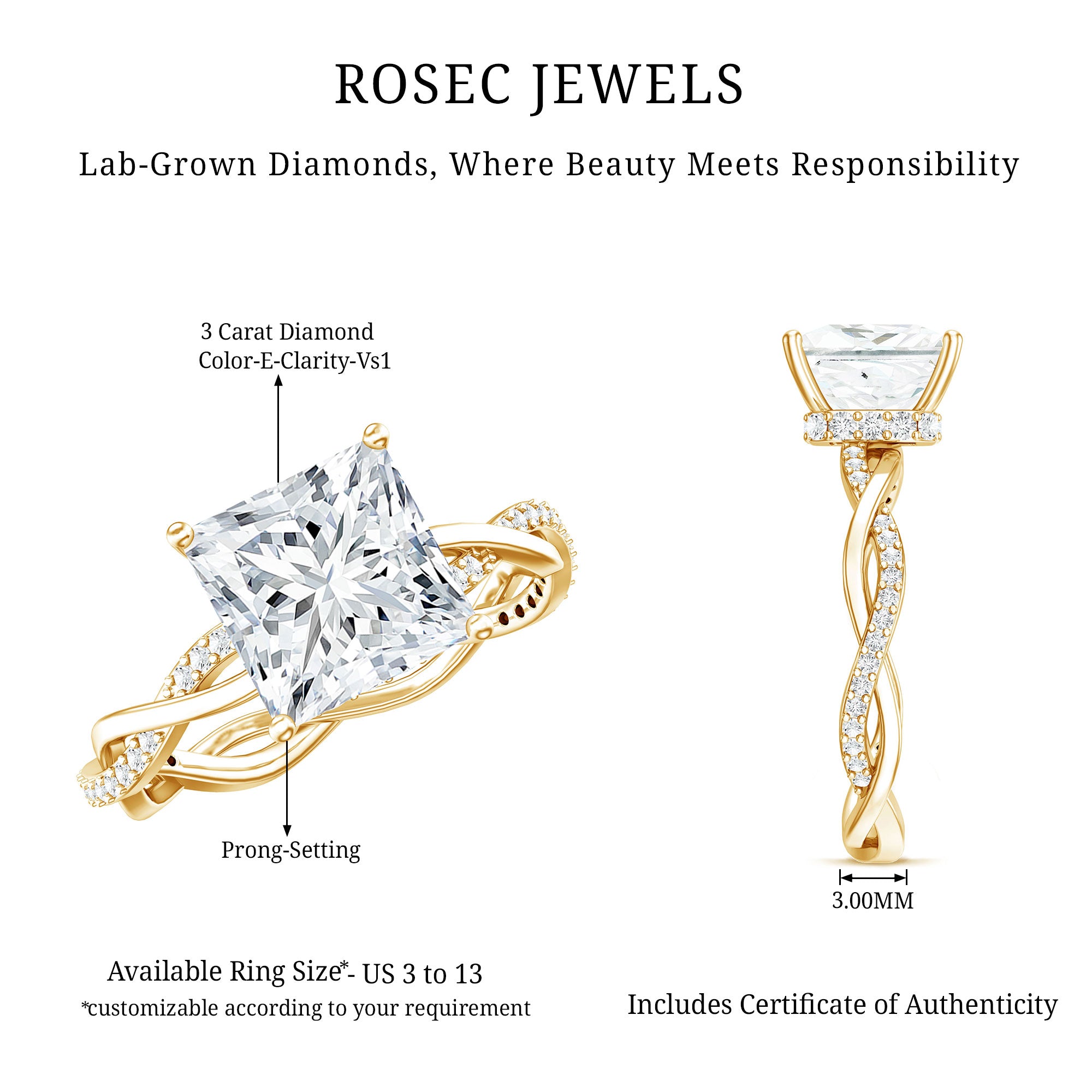 IGI Certified 3 Carat Princess Cut Lab Grown Diamond Hidden Halo Engagement Ring with Infinity Band Lab - ( E-VS1 ) - Rosec Jewels