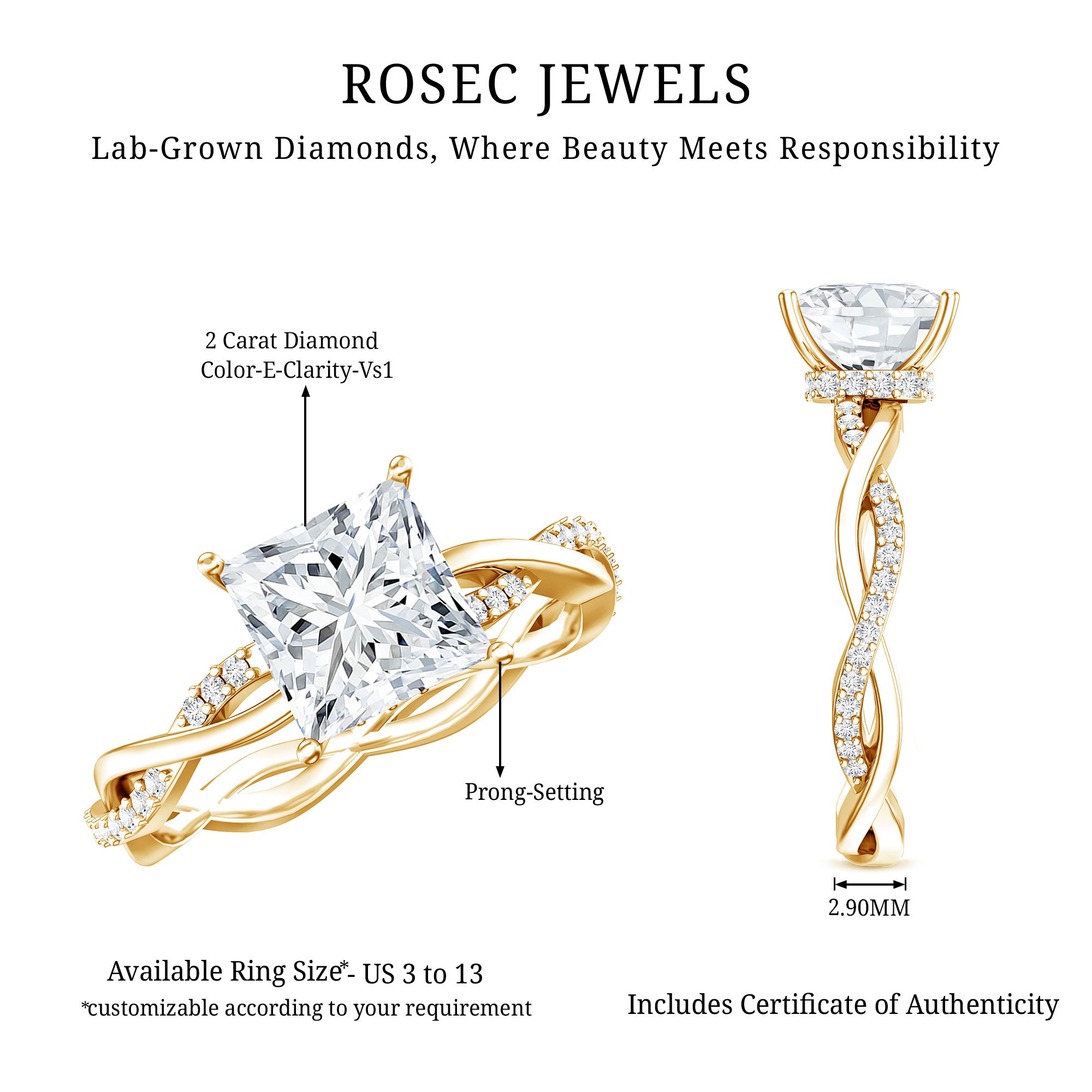IGI Certified 2 Carat Princess Cut Lab Diamond Braided Engagement Ring with Hidden Halo Lab - ( E-VS1 ) - Rosec Jewels