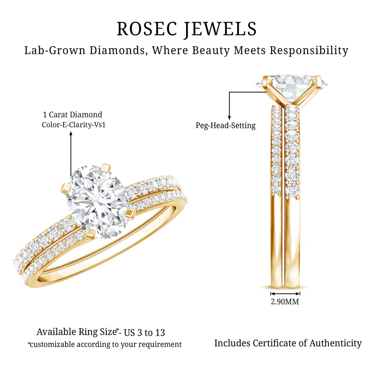 IGI Certified 1 Carat Lab Grown Diamond Engagement Ring with Wedding Band Set Lab - ( E-VS1 ) - Rosec Jewels
