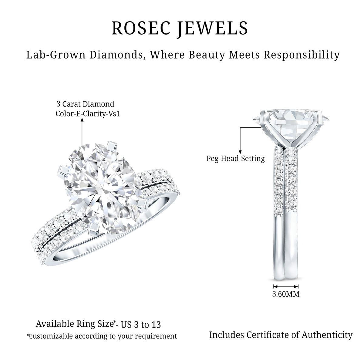 3 Carat Oval Shaped Lab Grown Diamond Bridal Ring Set with IGI Certificate Lab - ( E-VS1 ) - Rosec Jewels