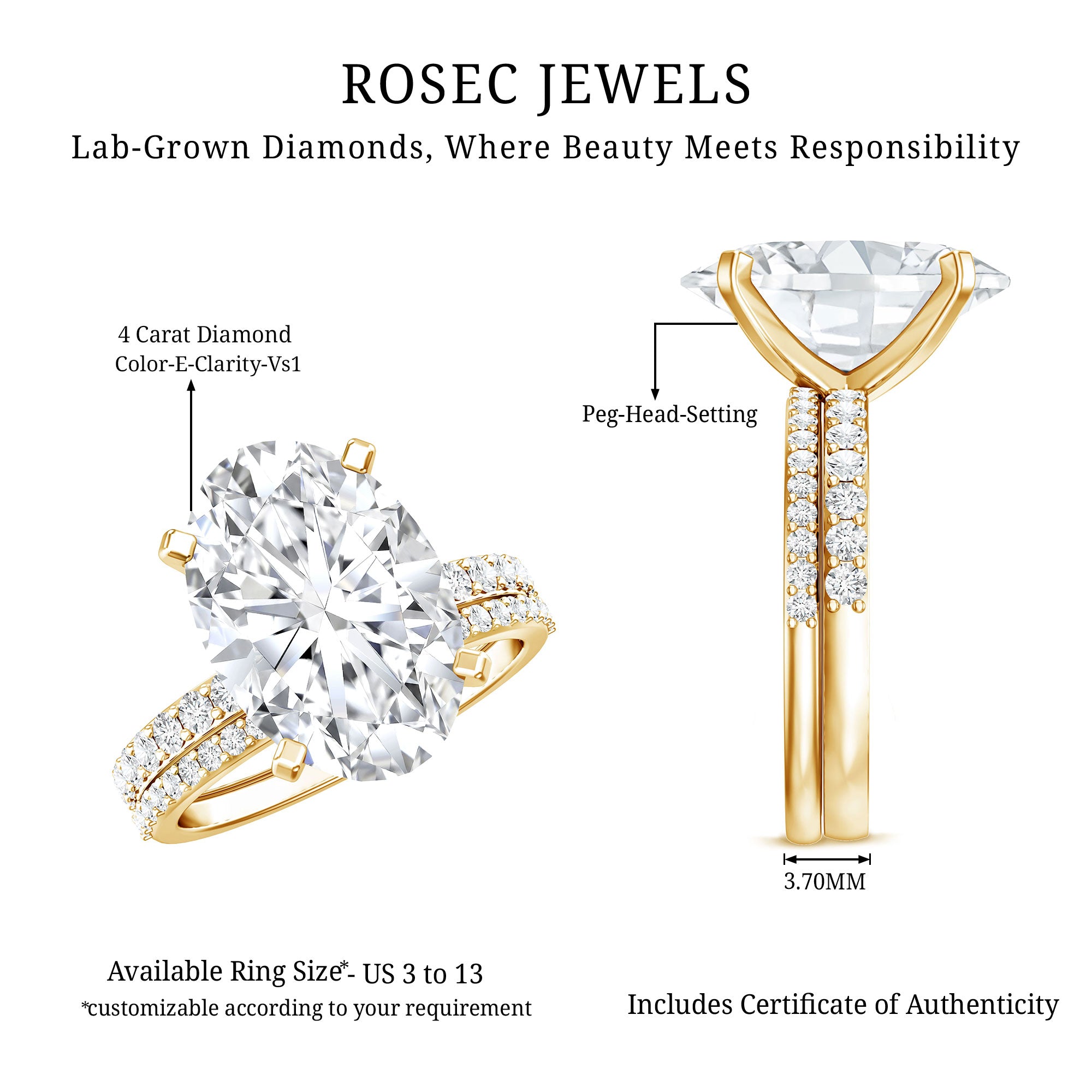 4 Carat Huge Oval Lab Grown Diamond Solitaire Bridal Ring Set with IGI Certificate Lab - ( E-VS1 ) - Rosec Jewels