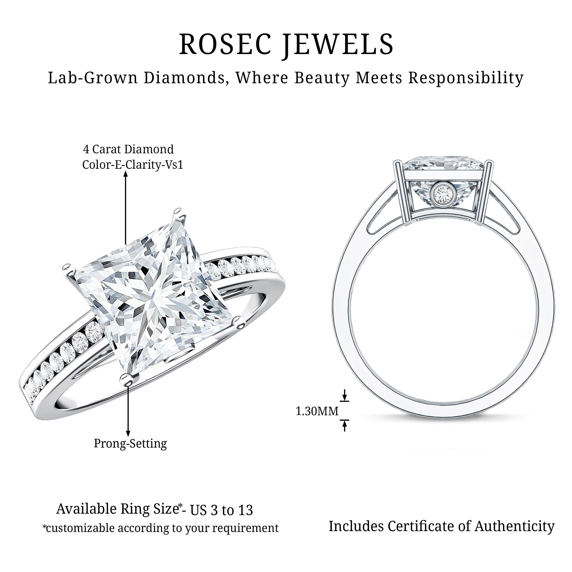 Solitaire Princess Cut Lab Grown Diamond Engagement Ring 4 Carat IGI Certified Lab - ( E-VS1 ) - Rosec Jewels