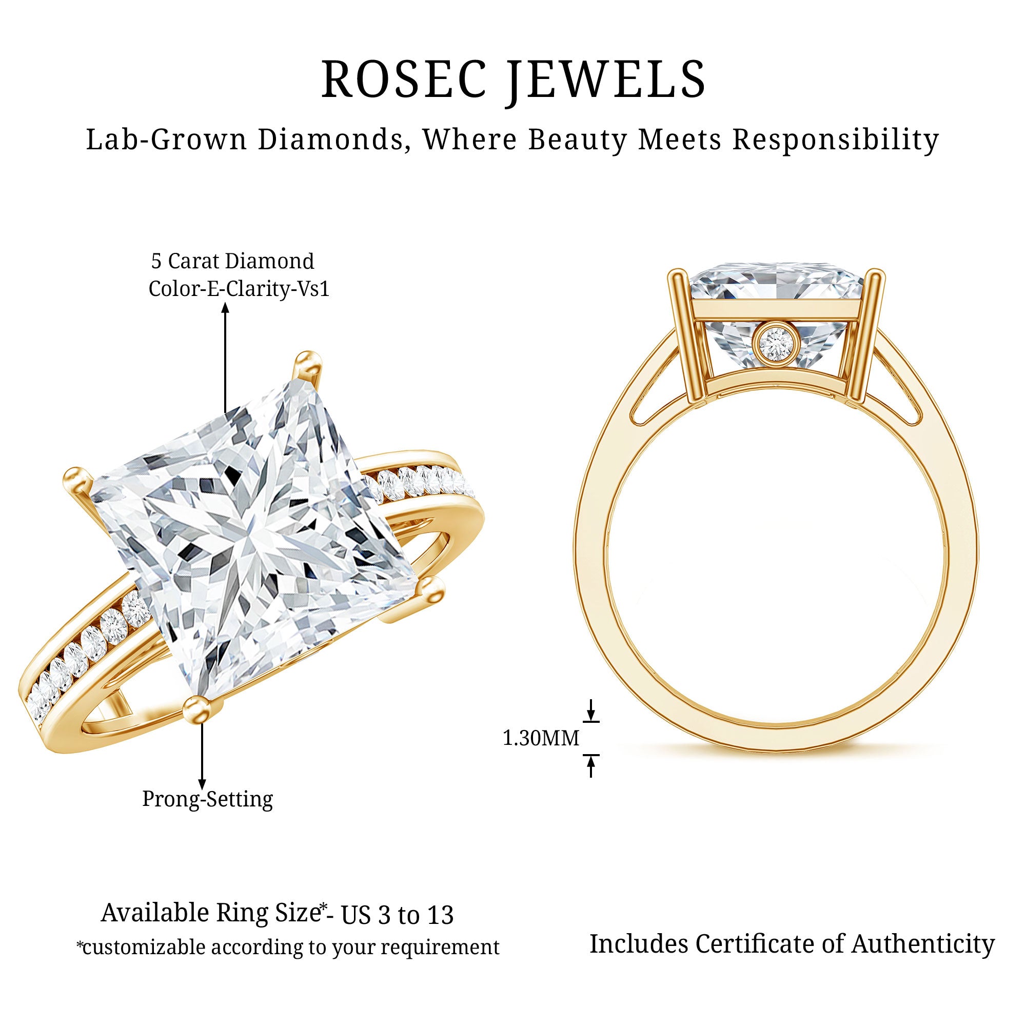 Solitaire 5 Carat Lab Grown Diamond Princess Cut Engagement Ring IGI Certified Lab - ( E-VS1 ) - Rosec Jewels