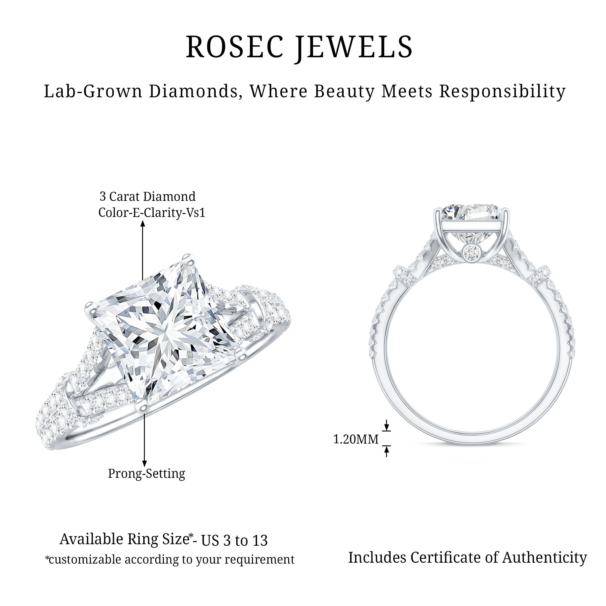 3 Carat Princess Cut Lab Grown Diamond Split Shank Engagement Ring IGI Certified Lab - ( E-VS1 ) - Rosec Jewels