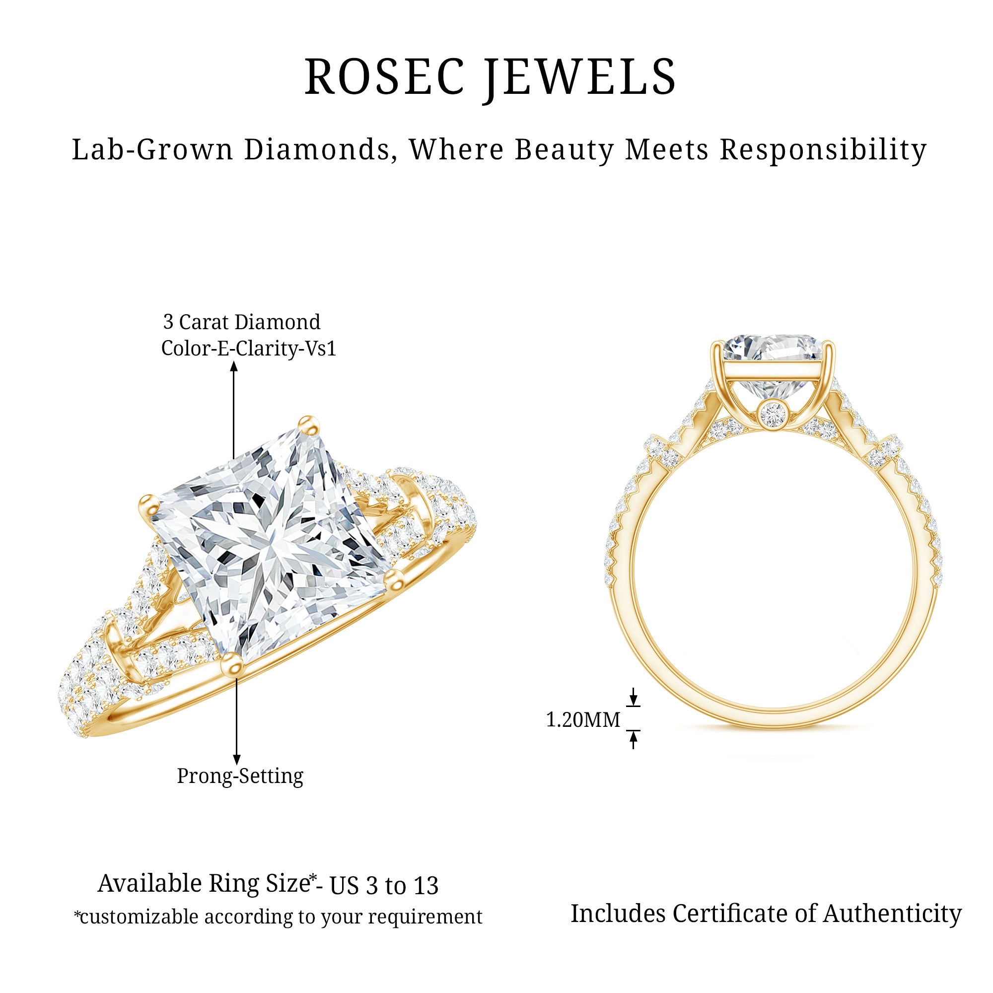 3 Carat Princess Cut Lab Grown Diamond Split Shank Engagement Ring IGI Certified Lab - ( E-VS1 ) - Rosec Jewels