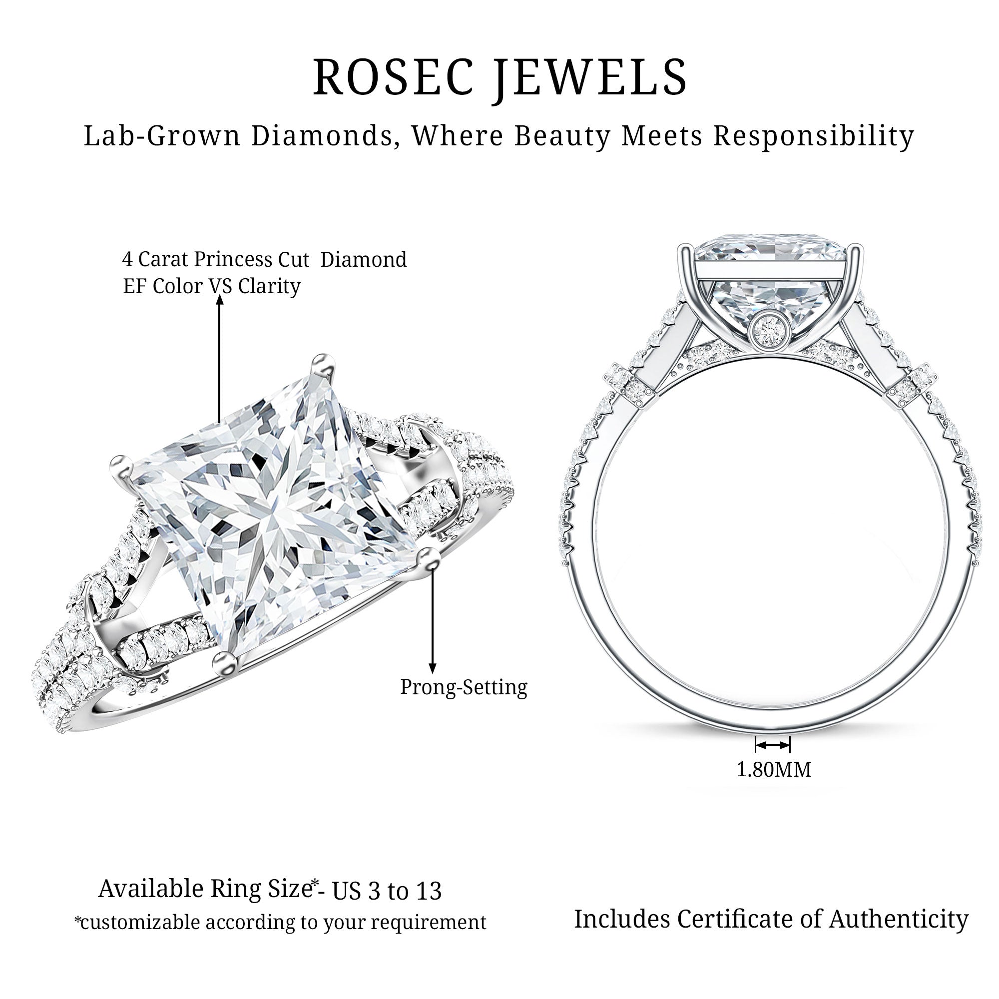 Rosec Jewels-IGI Certified Princess Cut Lab Grown Diamond 4 Carat Engagement Ring in Split Shank