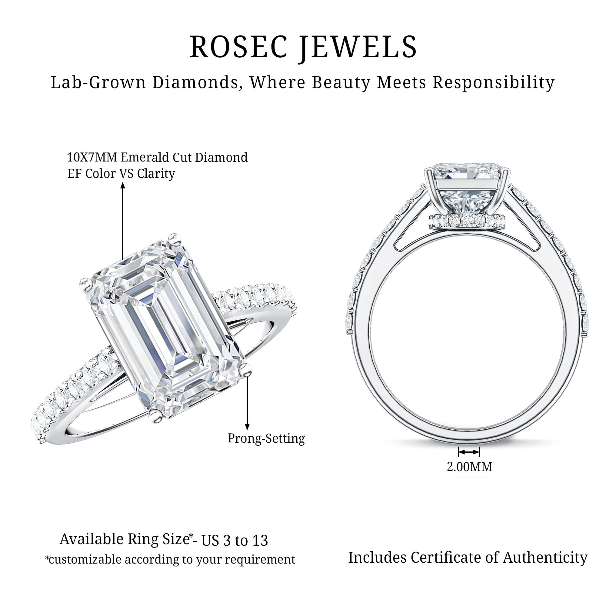 IGI Certified 4 Carat Emerald Cut Lab Grown Diamond Engagement Ring with Hidden Halo Lab - ( E-VS1 ) - Rosec Jewels