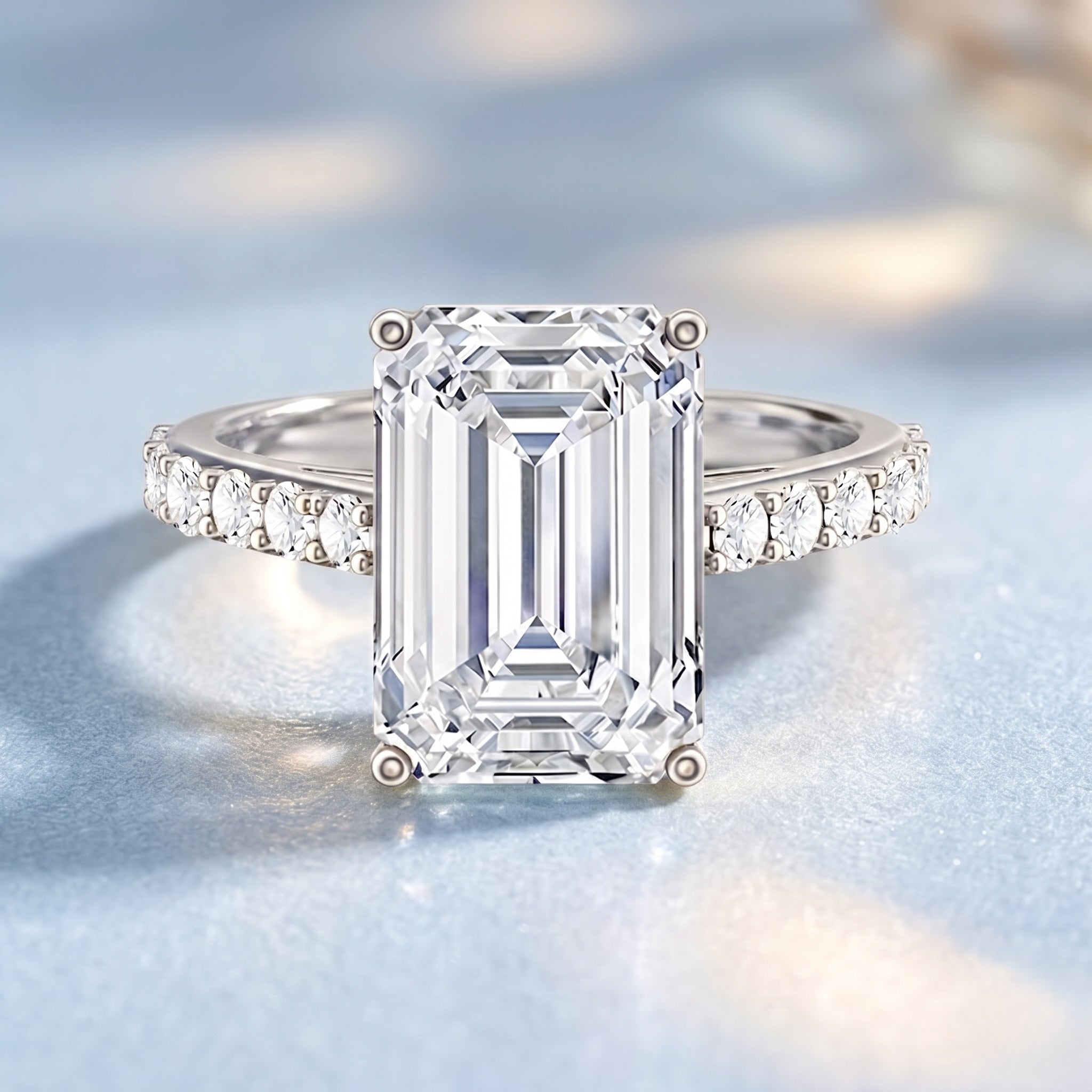 IGI Certified 4 Carat Emerald Cut Lab Grown Diamond Engagement Ring with Hidden Halo Lab - ( E-VS1 ) - Rosec Jewels