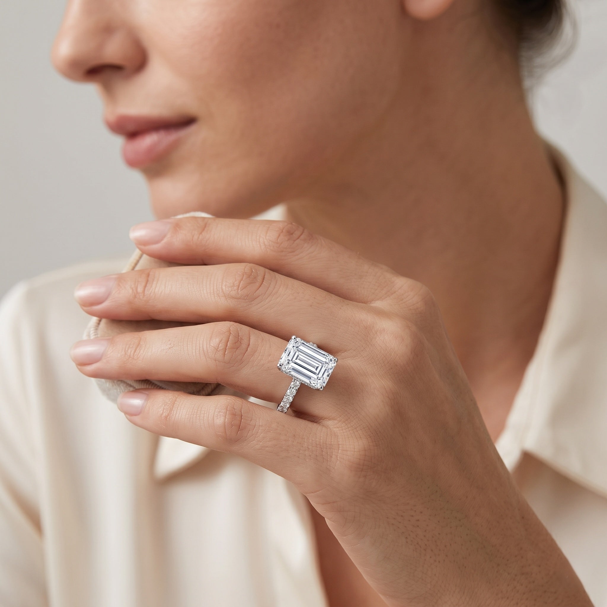 IGI Certified 4 Carat Emerald Cut Lab Grown Diamond Engagement Ring with Hidden Halo Lab - ( E-VS1 ) - Rosec Jewels